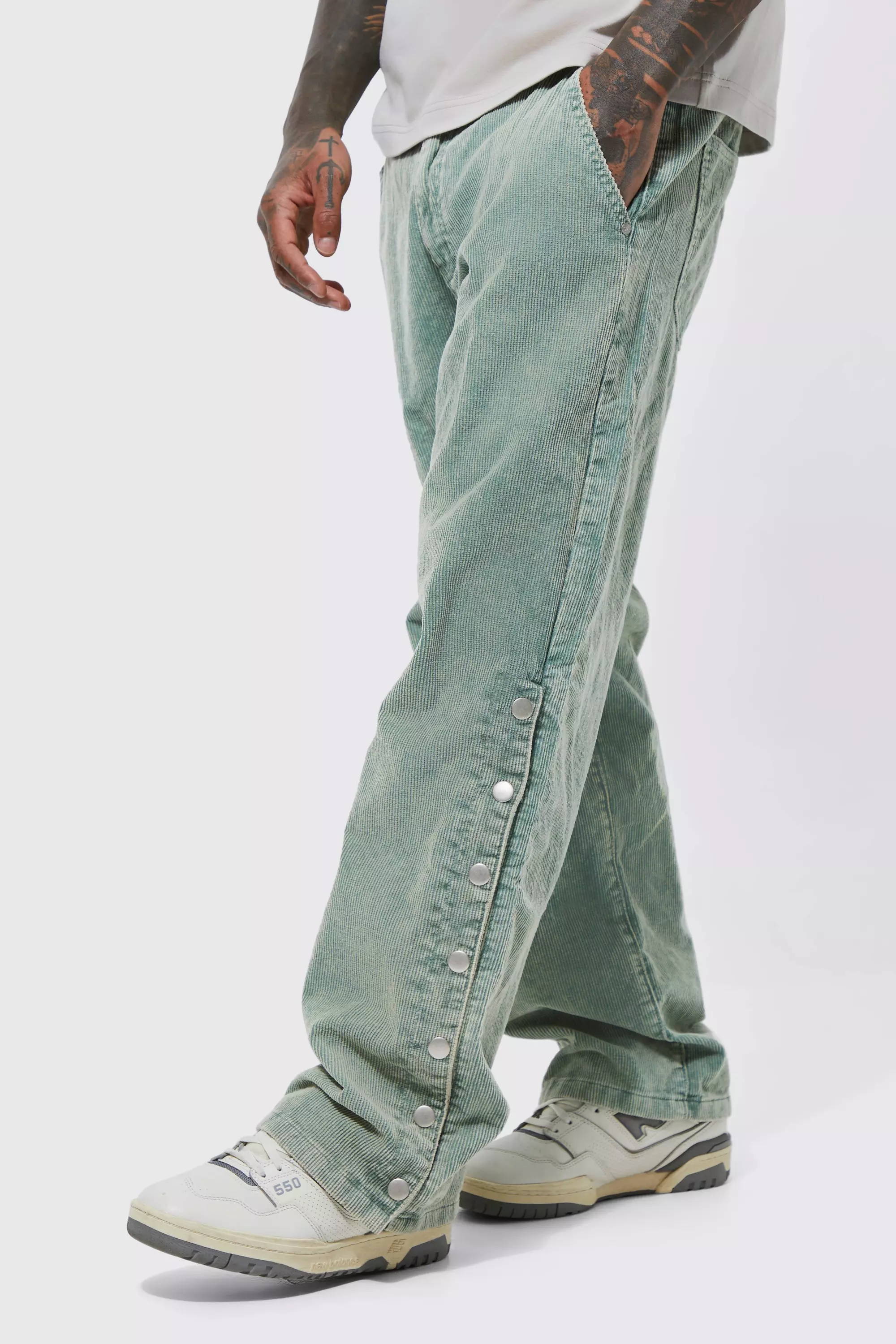 Sage Green Acid Wash Relaxed Fit Popper Cord Pants