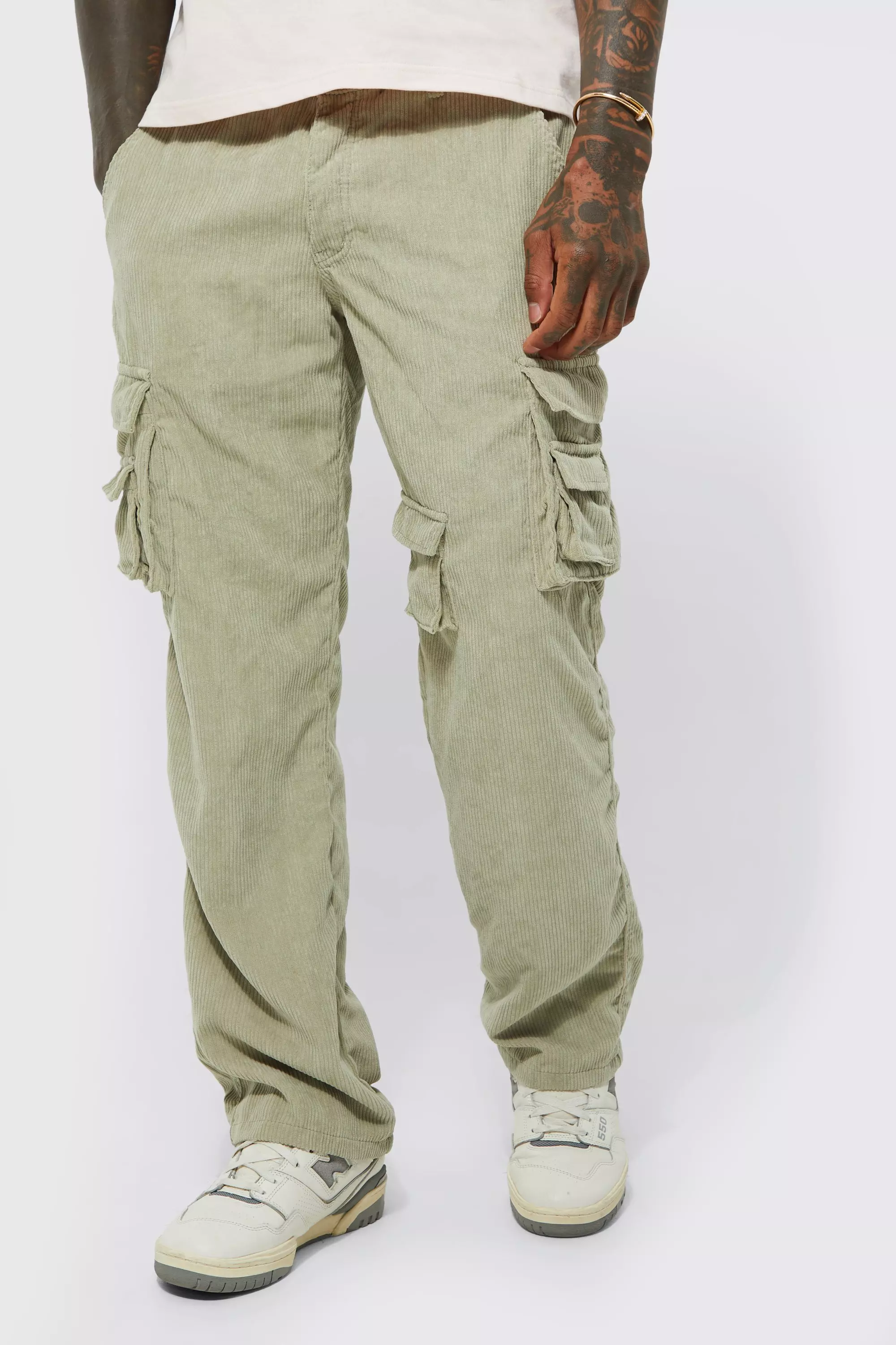 Relaxed Fit Multi Pocket Cord Cargo Pants Sage