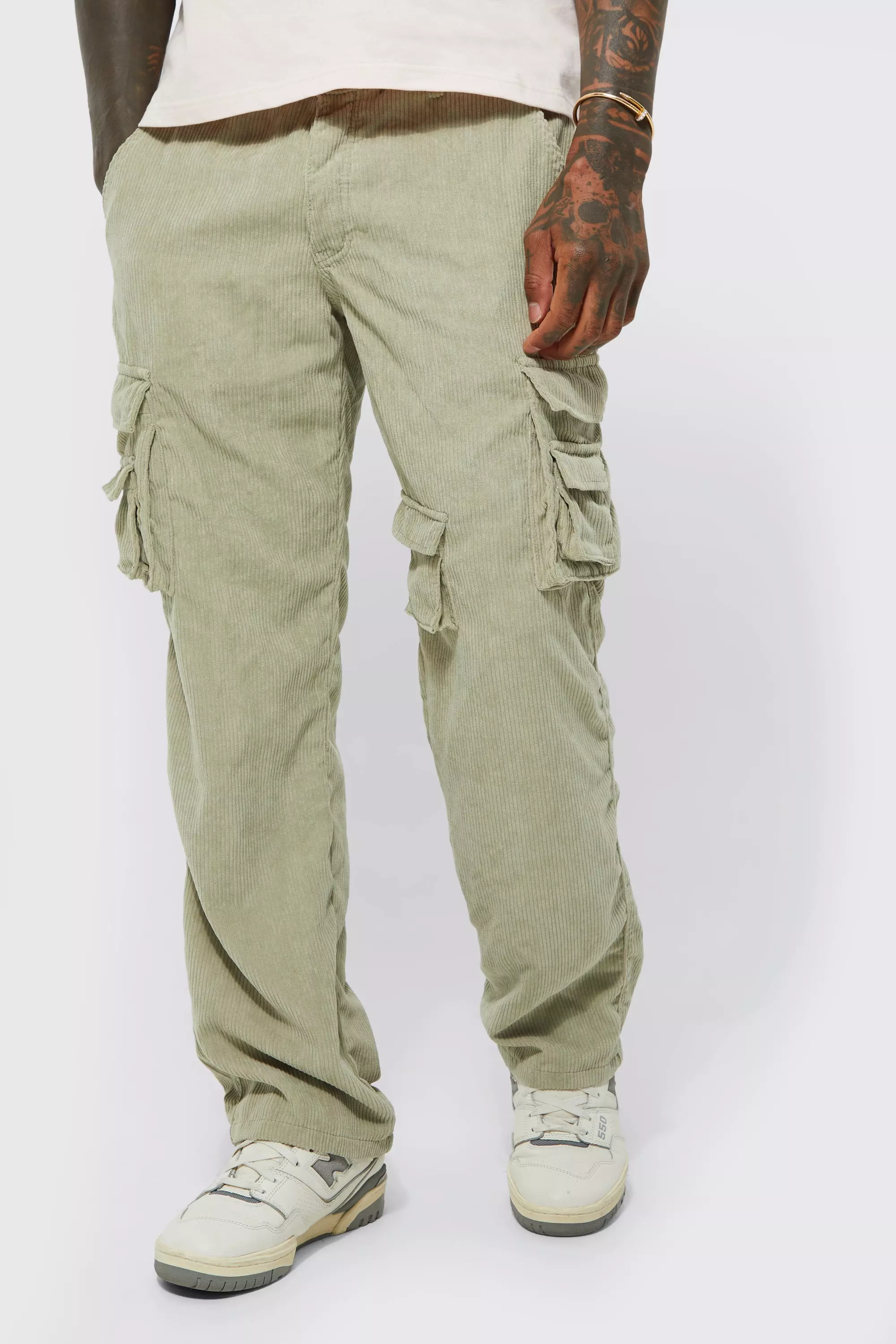 Sage Green Relaxed Fit Multi Pocket Cord Cargo Pants