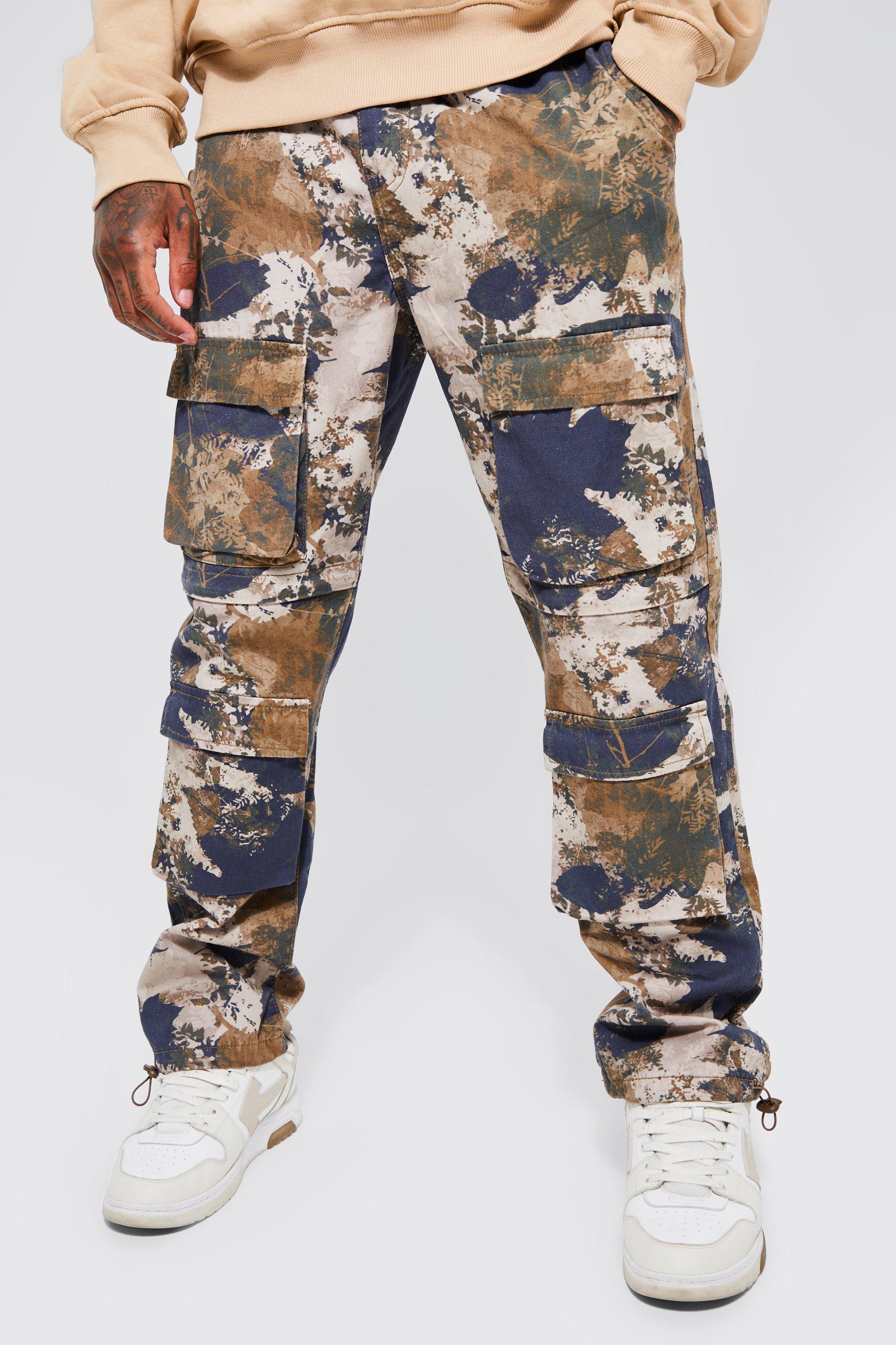 Elastic Waist Forest Camo Multi Pocket Straight Fit Cargo Pants