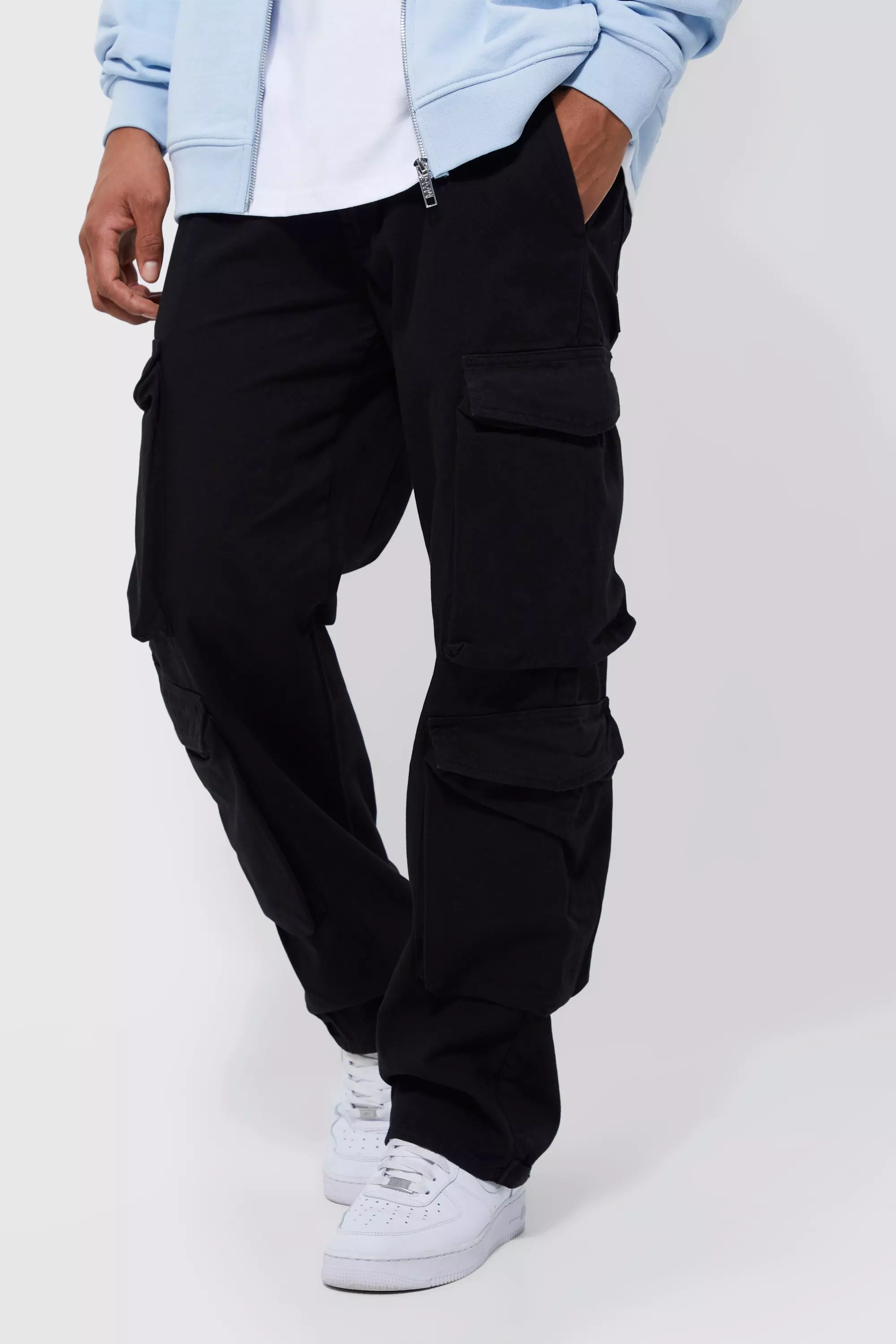 Fixed Waist Relaxed Peached Twill 3d Cargo Pants Black
