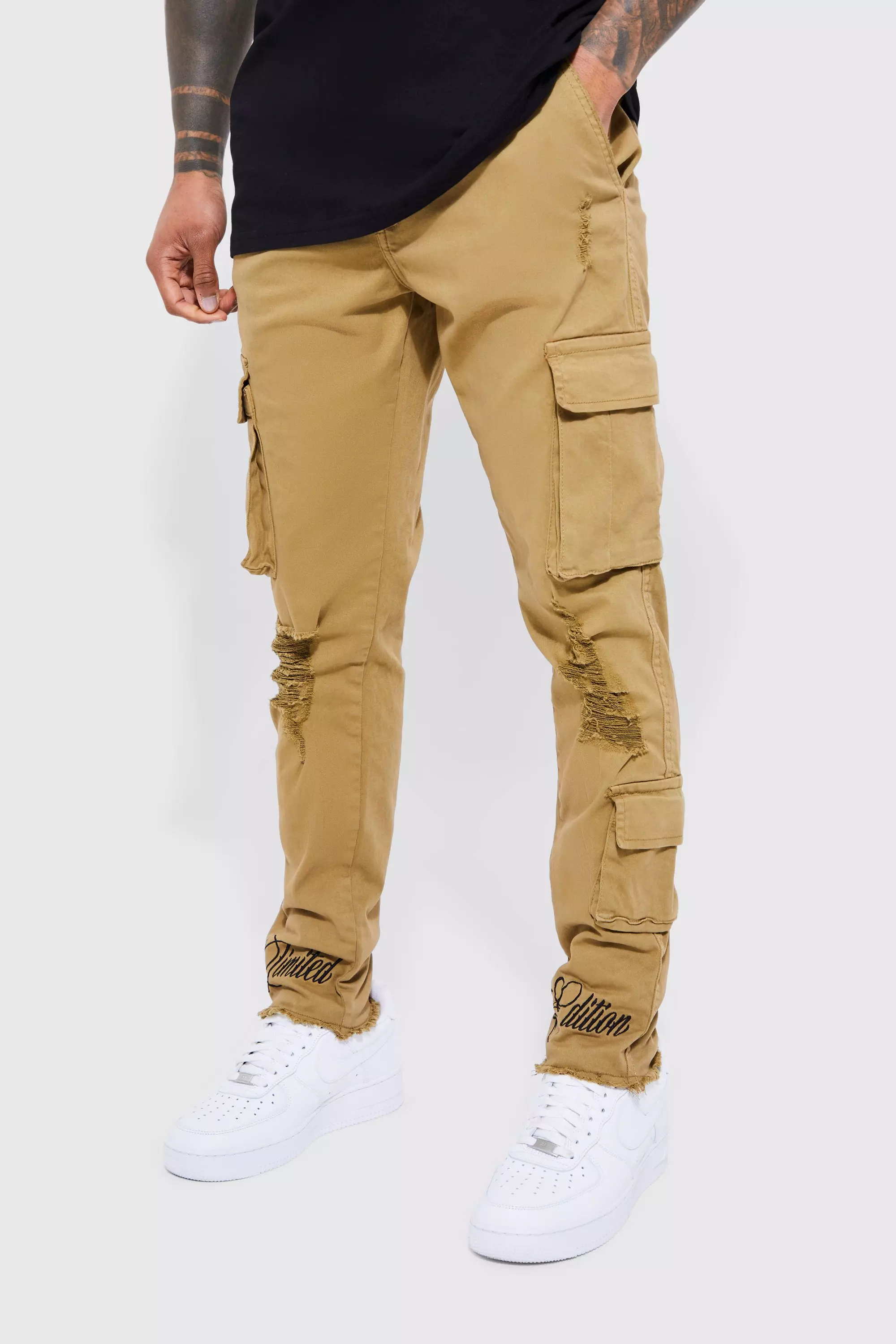 Fixed Waist Skinny Rip And Embroidered Cargo Pants Tan