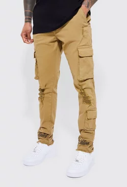 Tan Brown Fixed Waist Skinny Rip And Embroidered Cargo Pants