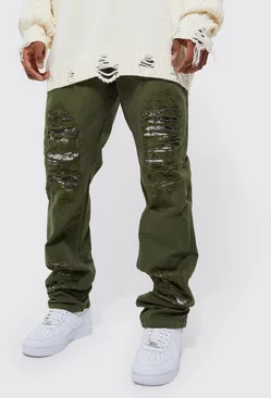 Khaki Fixed Waist Straight Stacked Camo Rip Cargo Pants