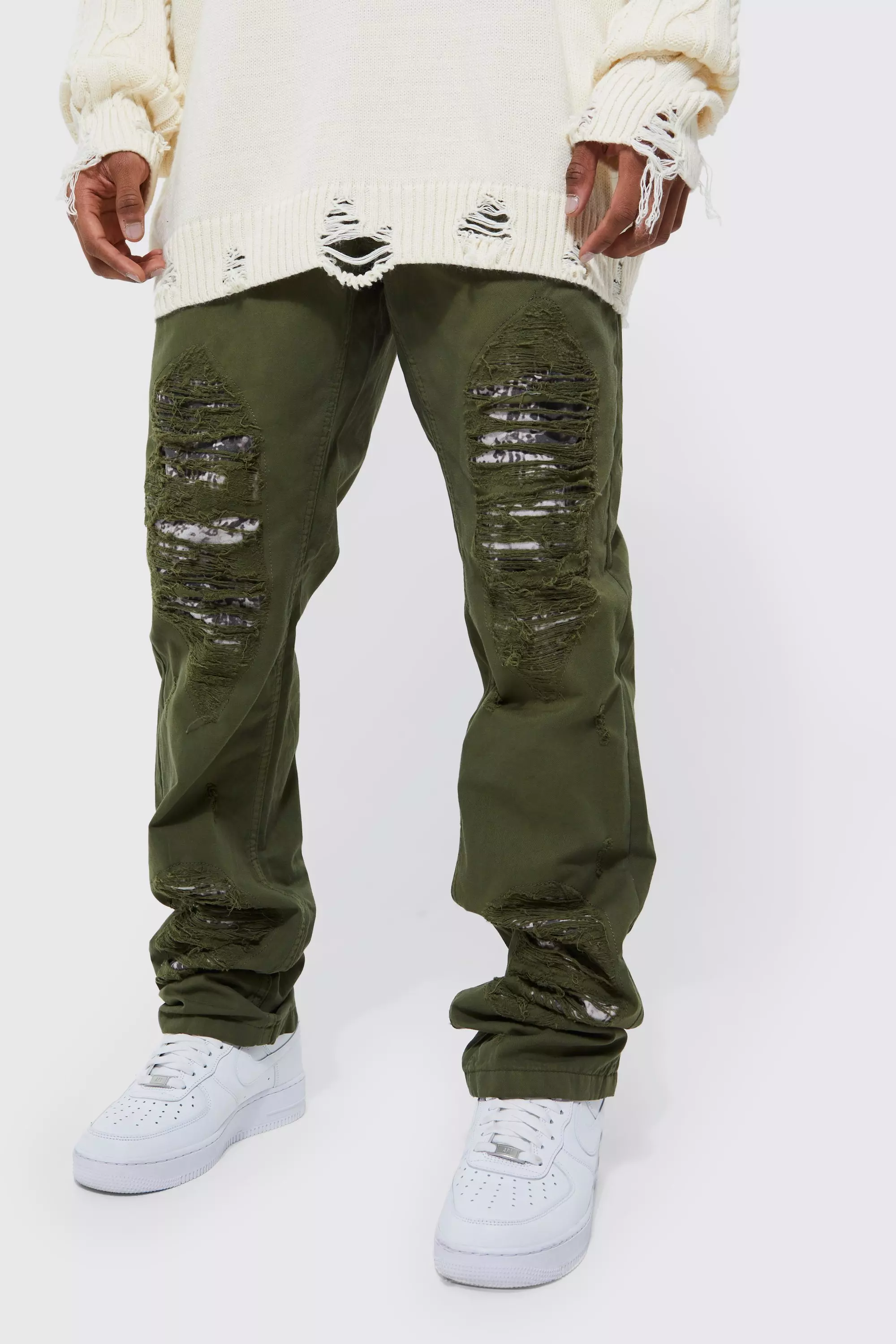 Fixed Waist Straight Stacked Camo Rip Cargo Pants Khaki