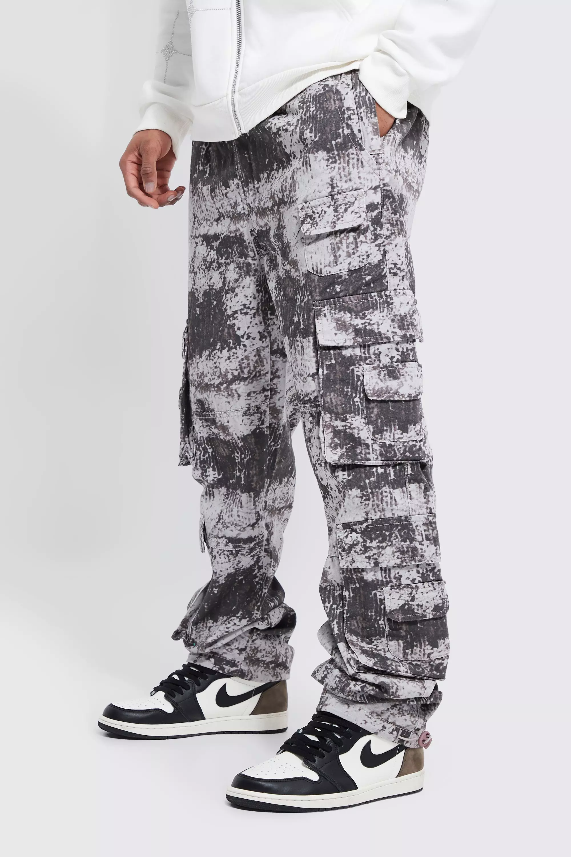 Elastic Waist Straight Stacked Camo Cargo Multi