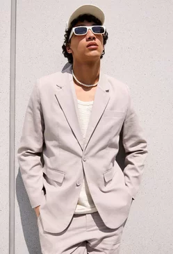Grey Single Breasted Relaxed Linen Suit Jacket