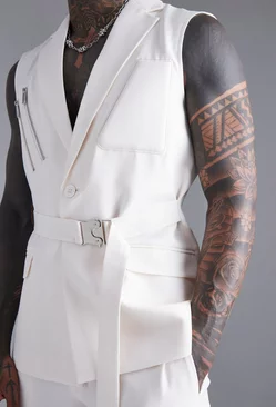 Ecru White Single Breasted Sleeveless Suit Jacket