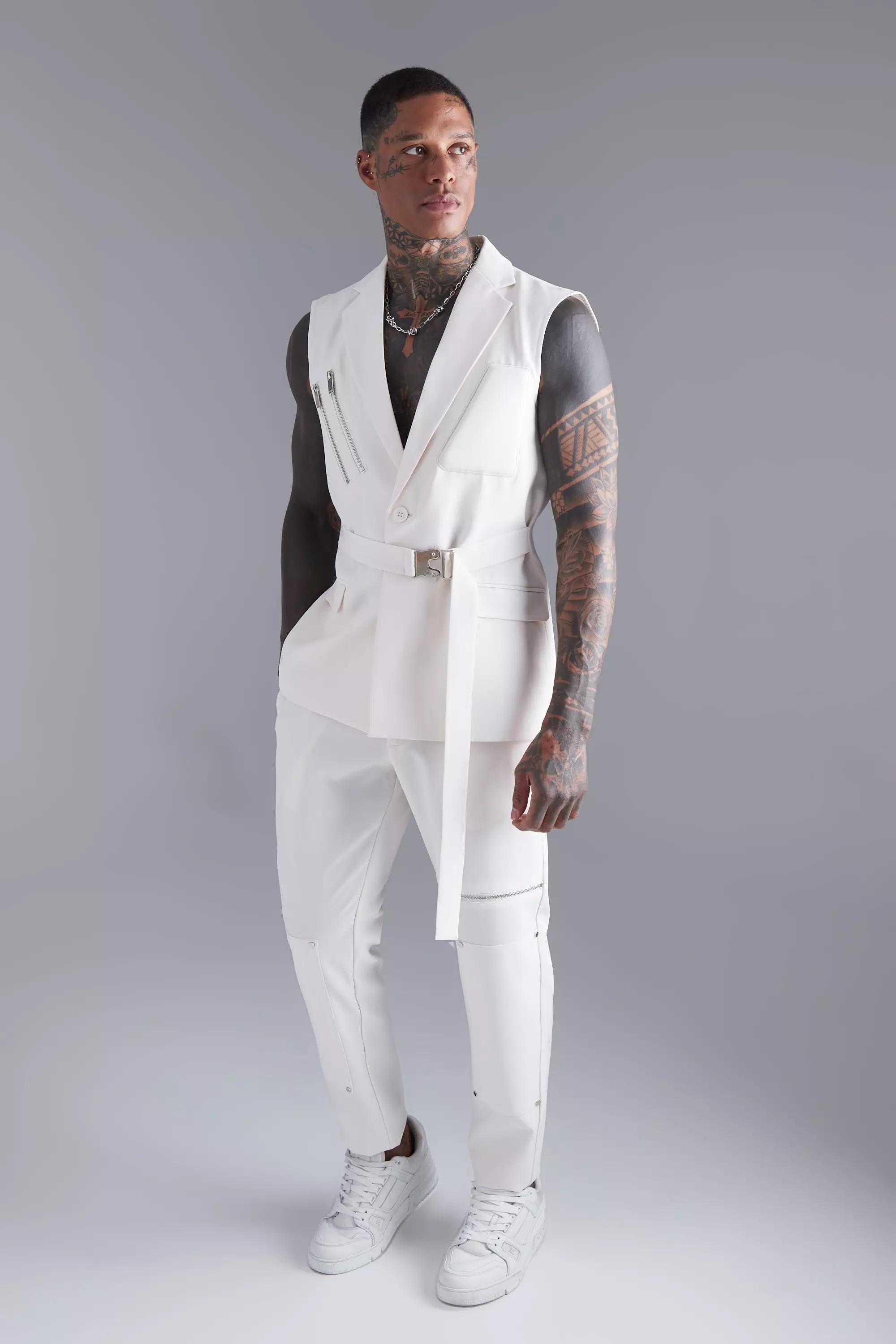 Ecru Single Breasted Sleeveless Suit Jacket alternative image