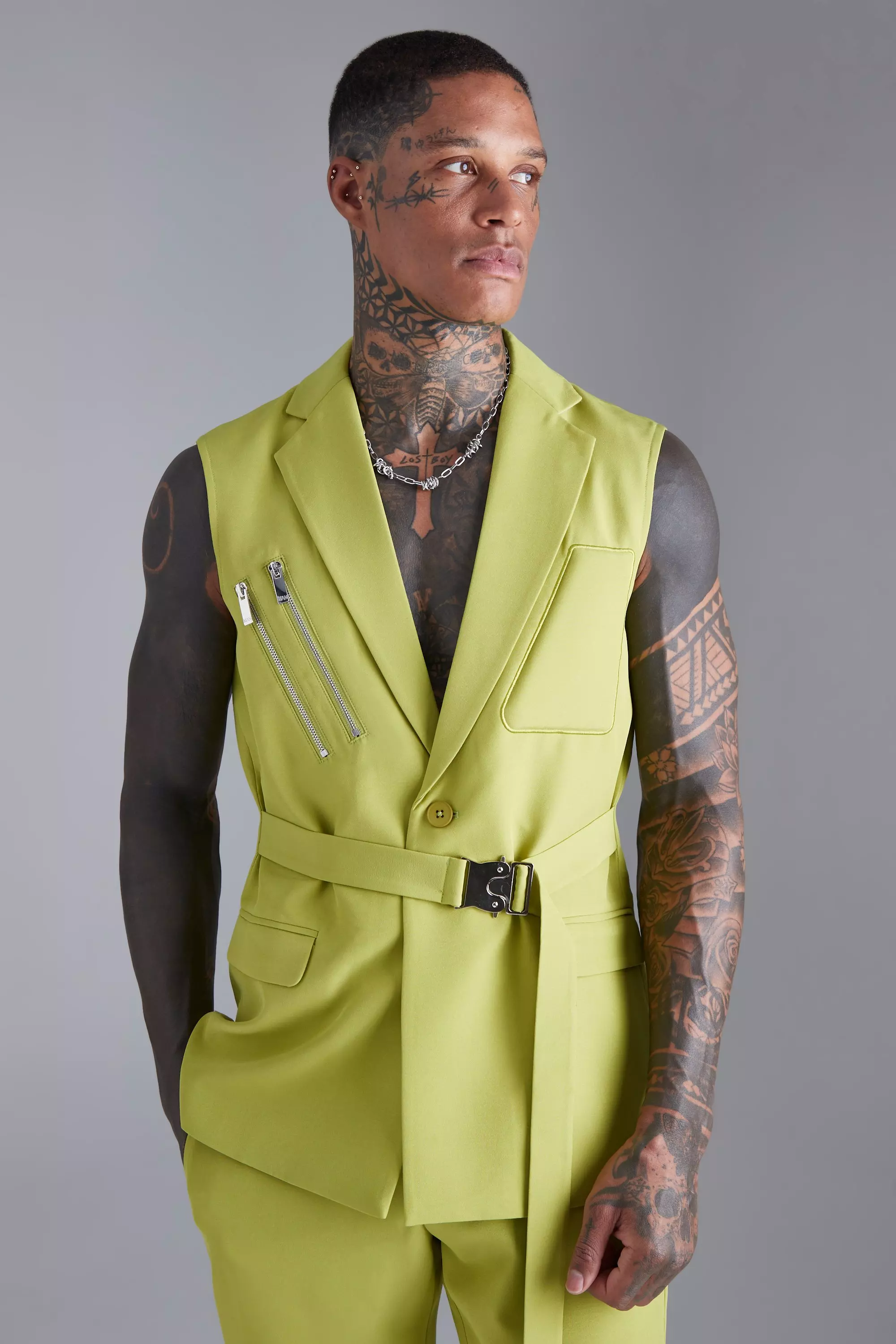 Single Breasted Sleeveless Suit Jacket Lime