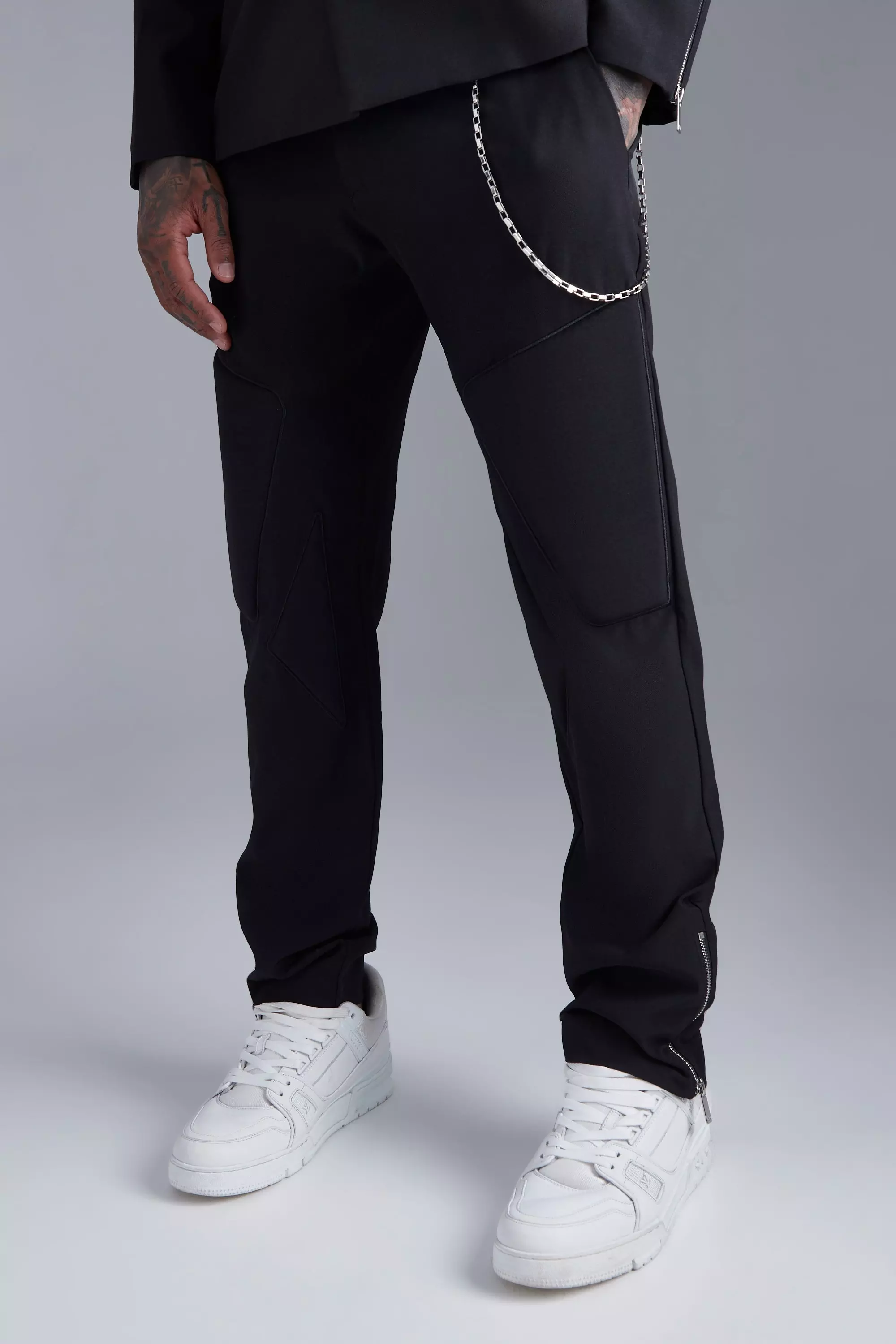Black Chain Slim Zip Suit Pants