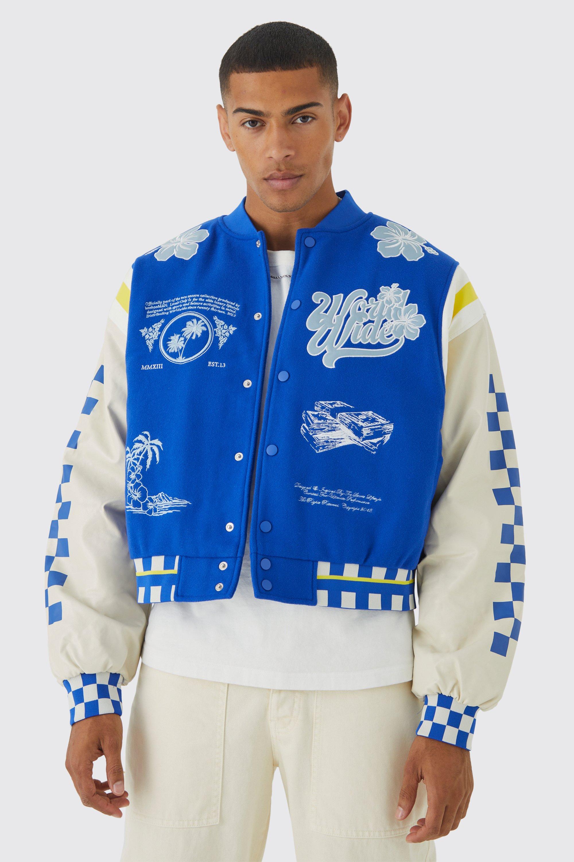 Boxy Checkerboard Melton Pu Varsity Jacket