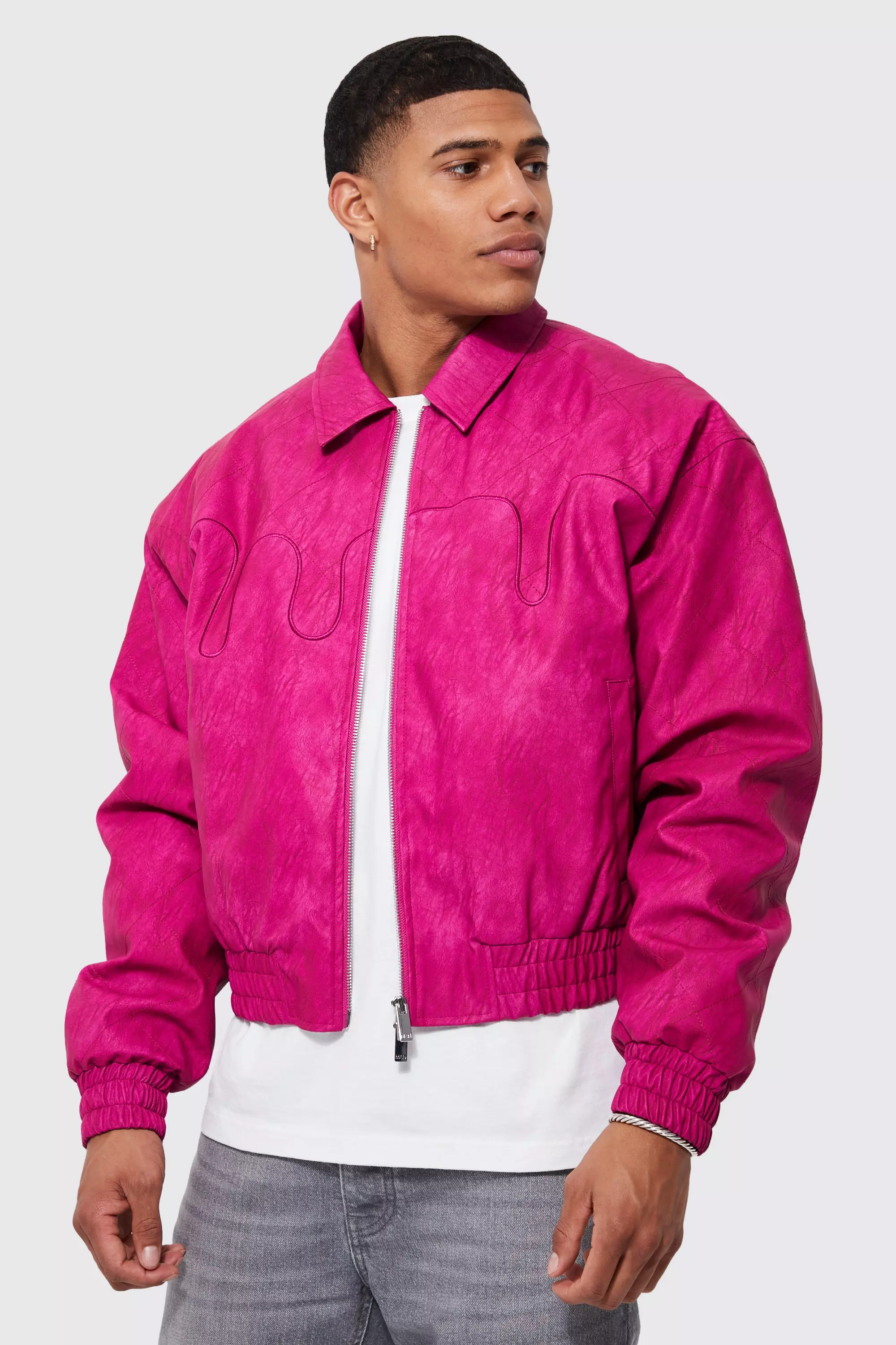 Boxy Quilted Pu Collared Bomber | boohooMAN USA