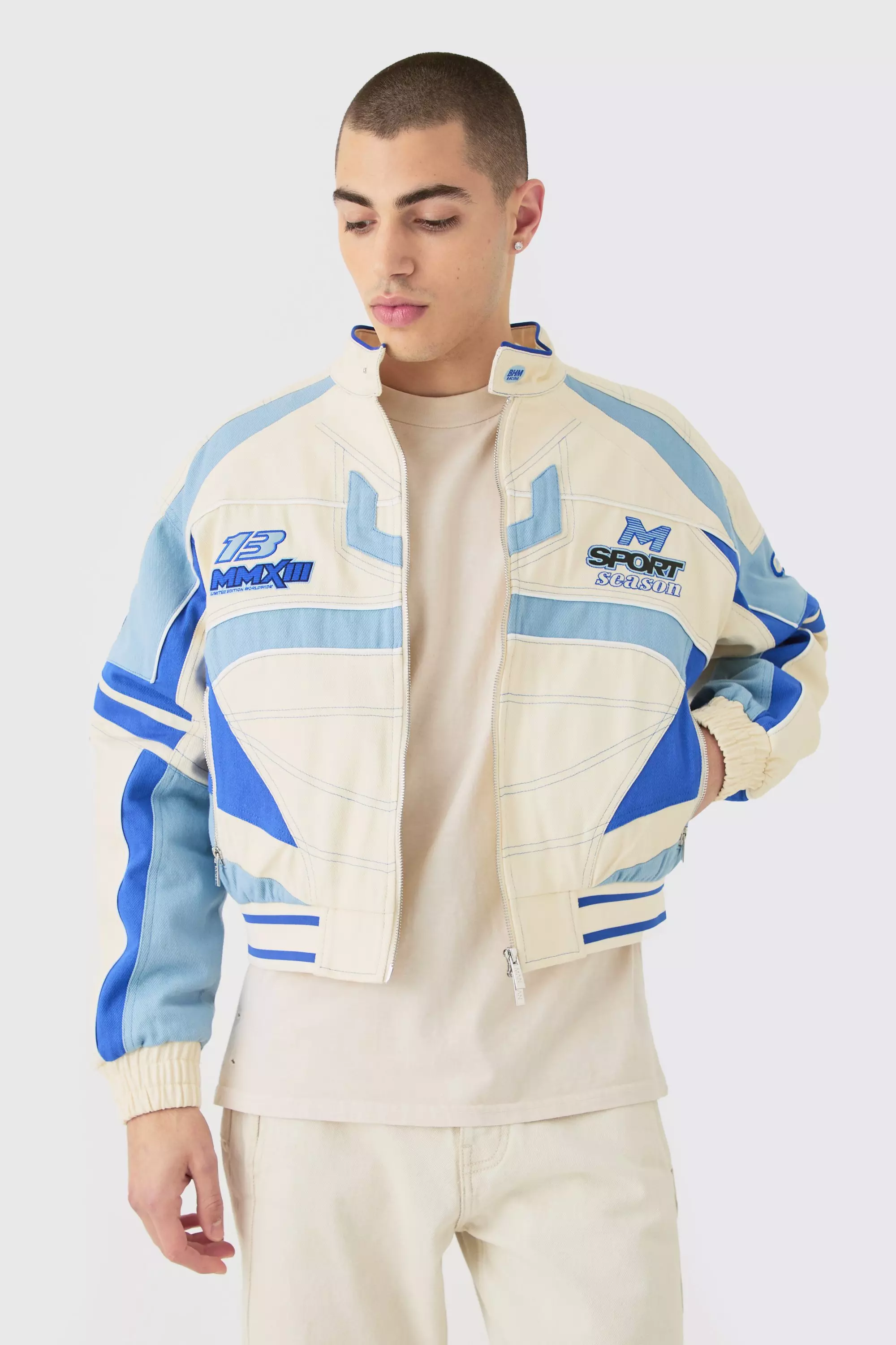 Ecru White Boxy Twill Moto Jacket