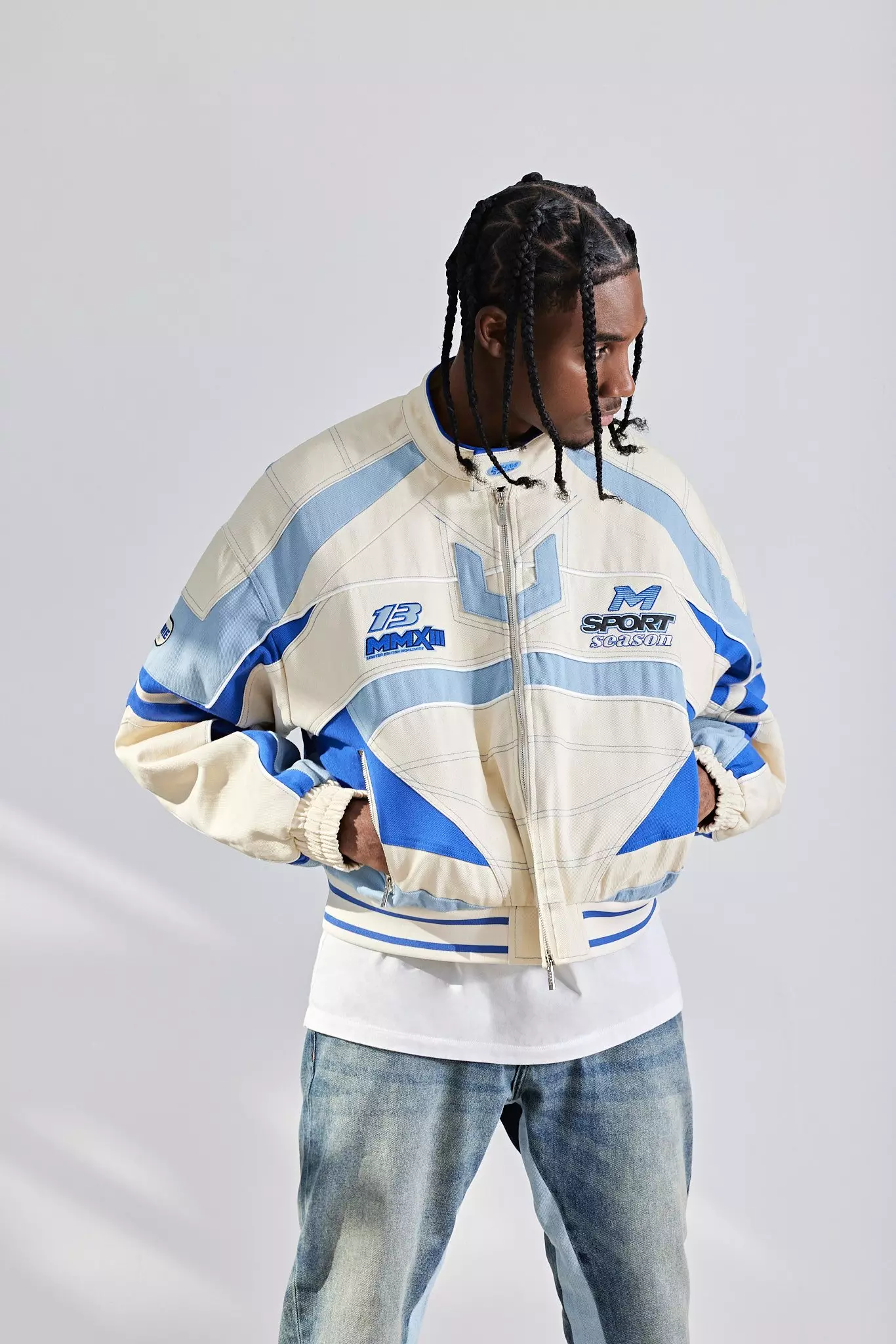 Giacca Da Moto Squadrata In Twill, Ecru immagine alternativa