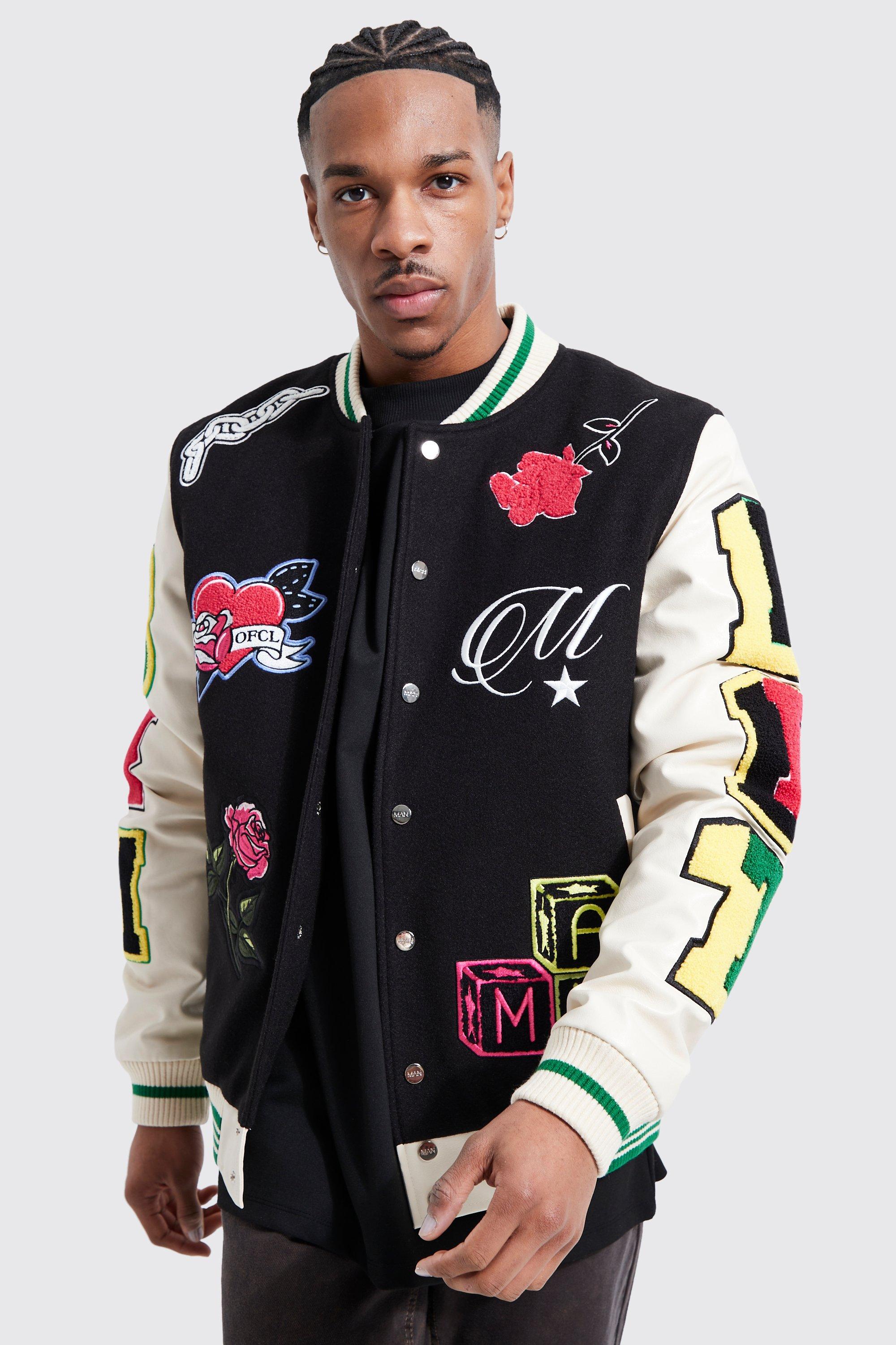 Pour Homme Heart Badge Varsity Jacket | boohooMAN USA