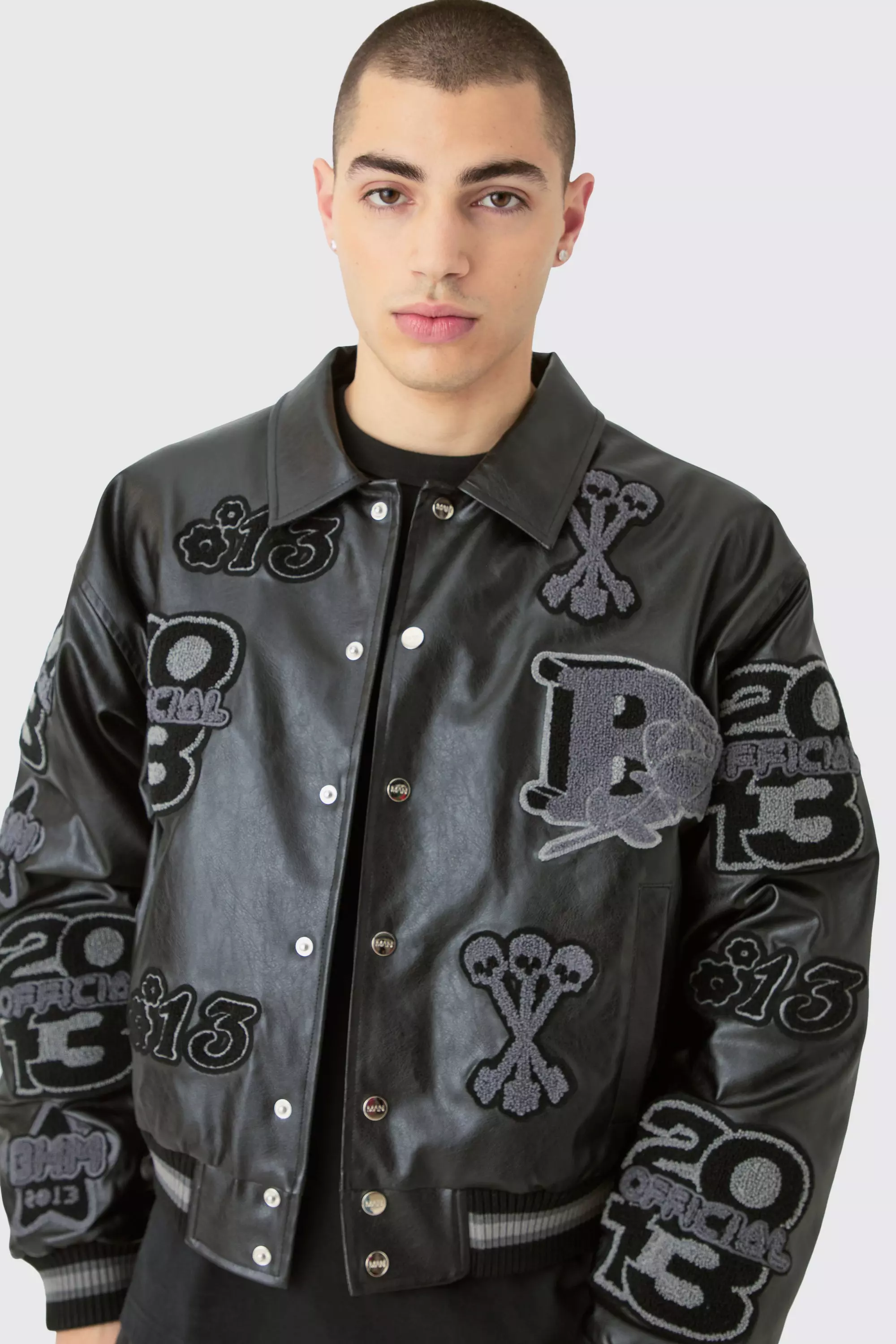 Boxy Pu Tonal Badge Varsity Jacket Black