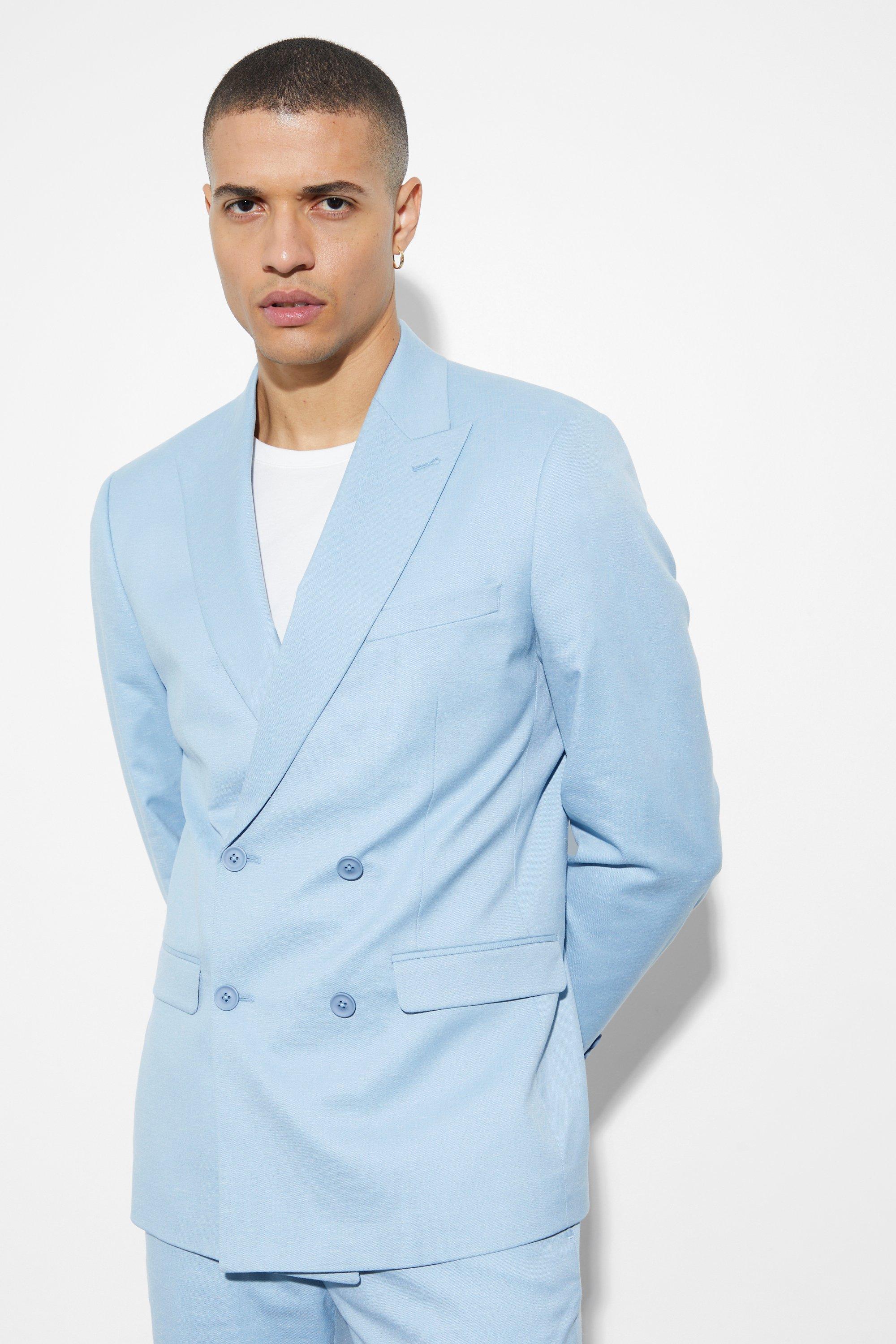 Chaqueta de traje ajustada de lino con botonadura doble, Light blue