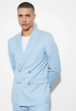 Blue Slim Double Breasted Linen Suit Jacket