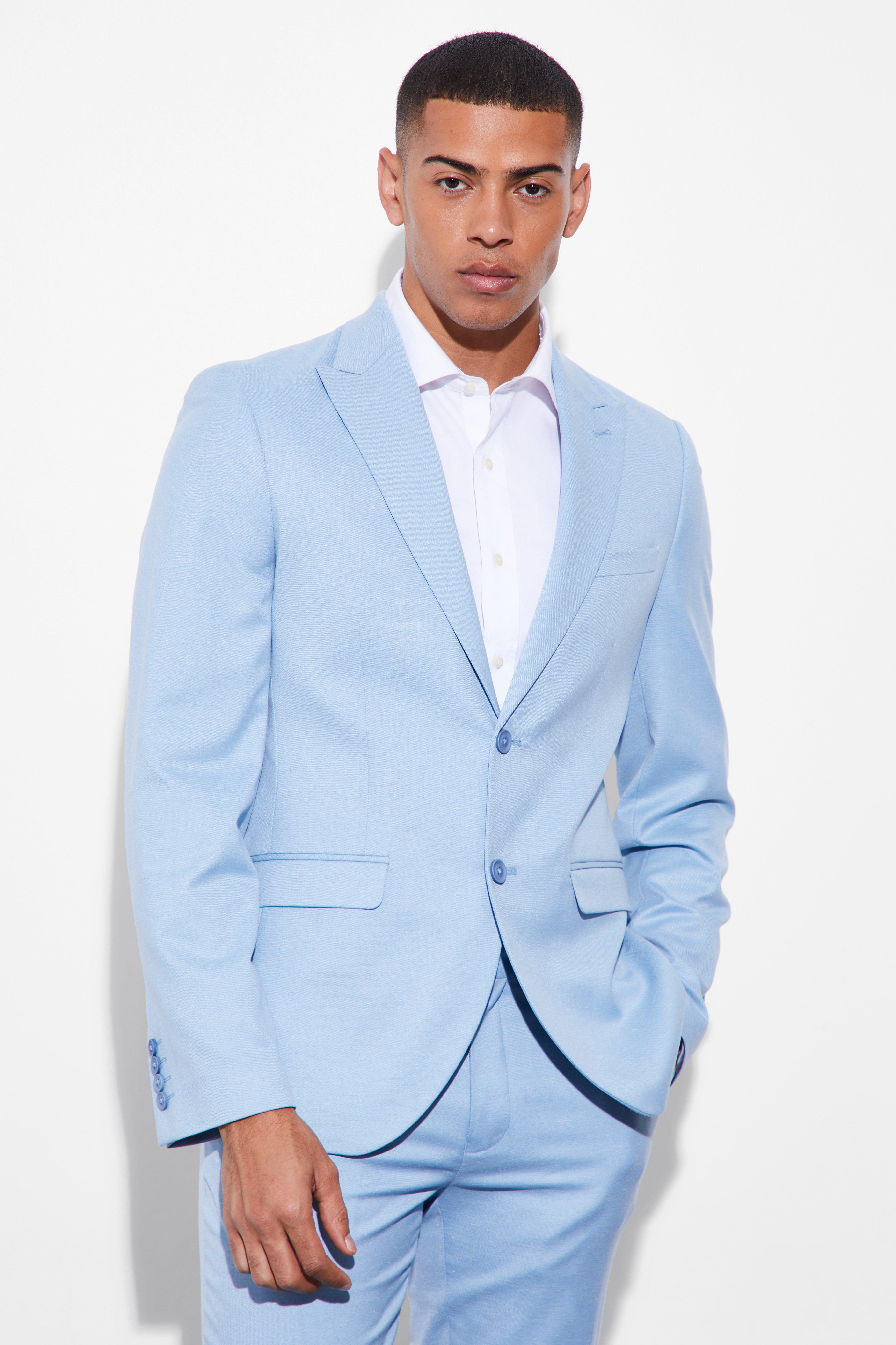 Chaqueta de traje ajustada de lino con botonadura, Light blue