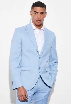 Slim Single Breasted Linen Suit Jacket Light blue