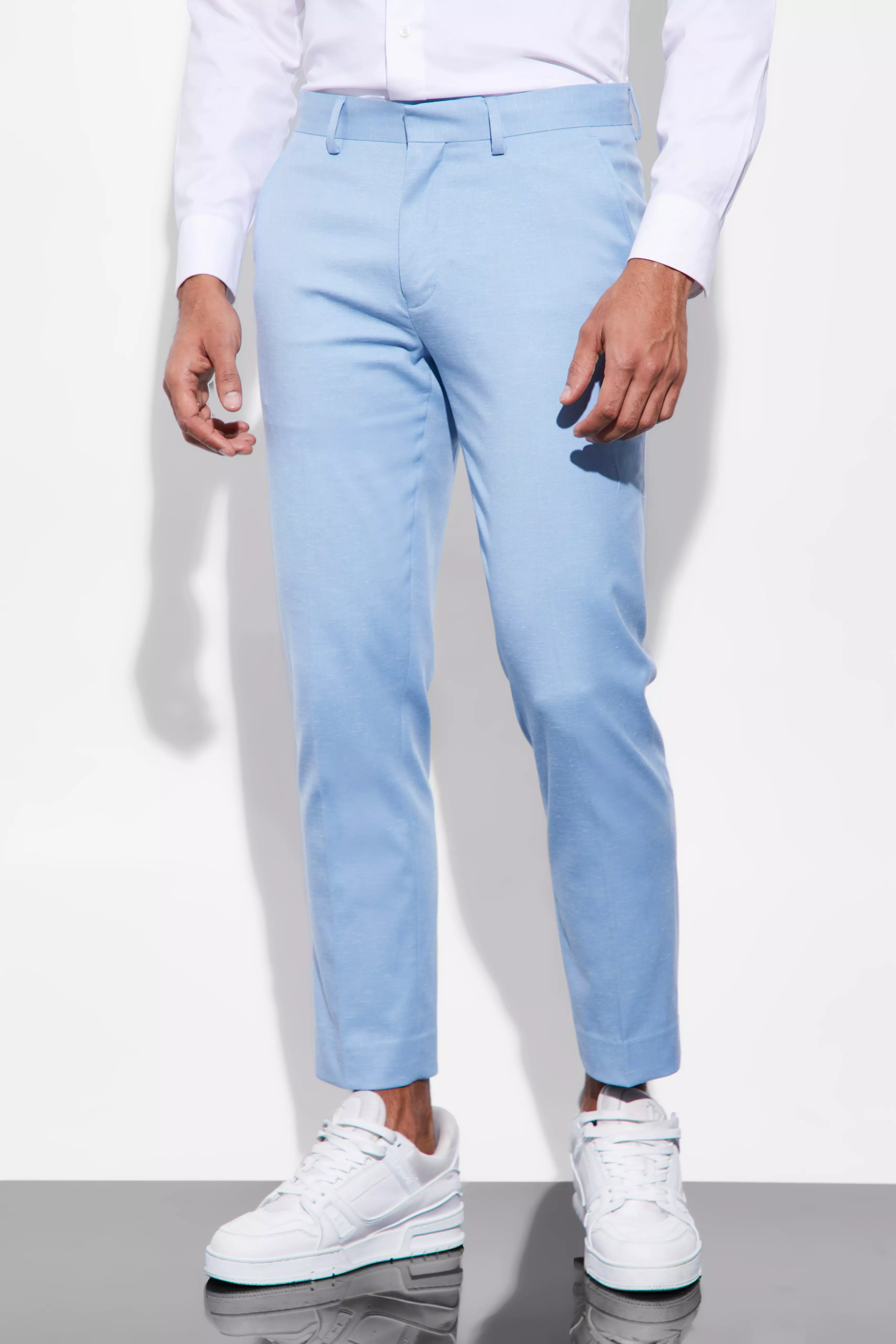 Blue Slim Linen Crop Dress Pants