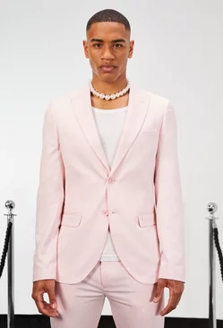 Pink Skinny Single Breasted Linen Suit Jacket