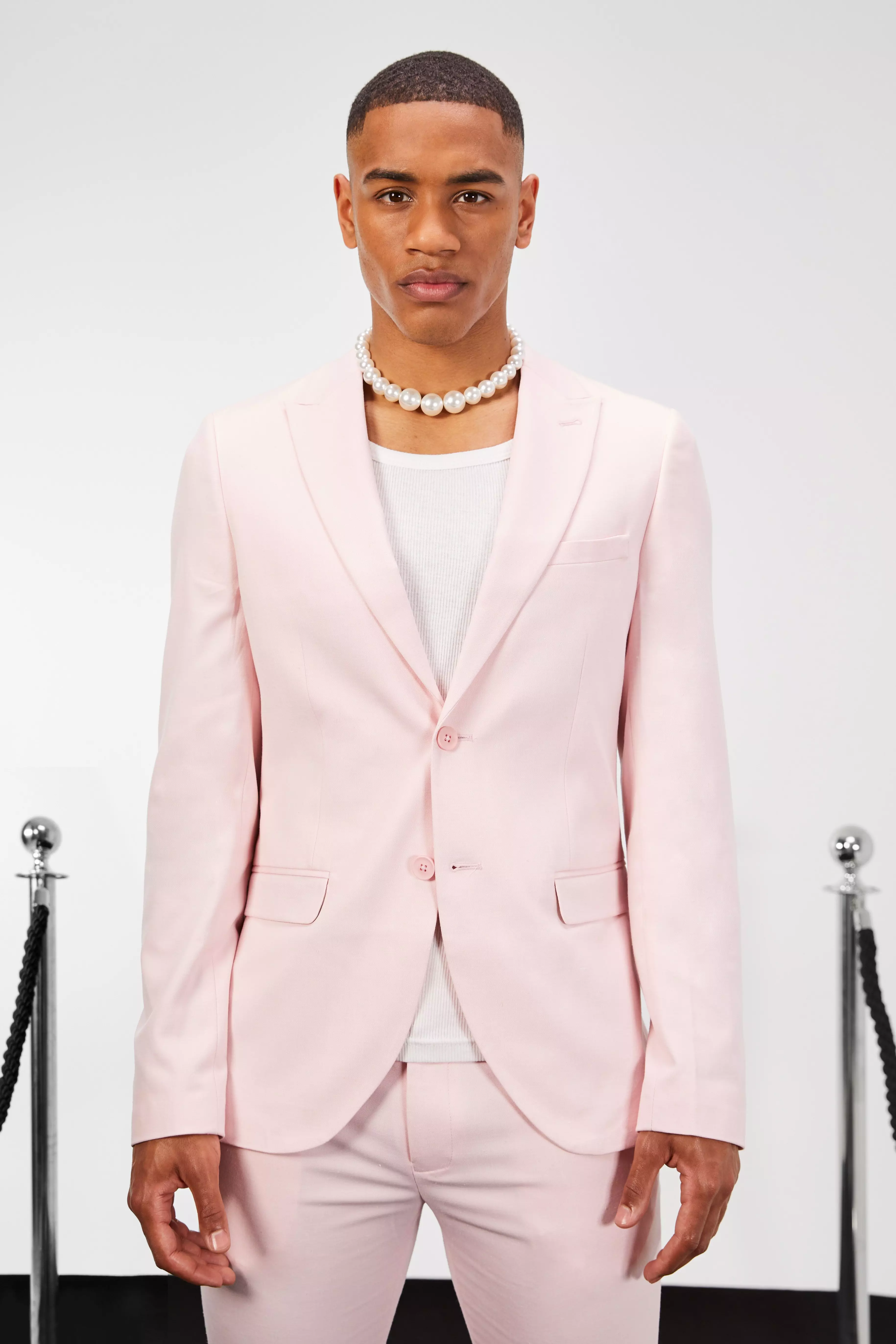 Skinny Single Breasted Linen Suit Jacket Light pink
