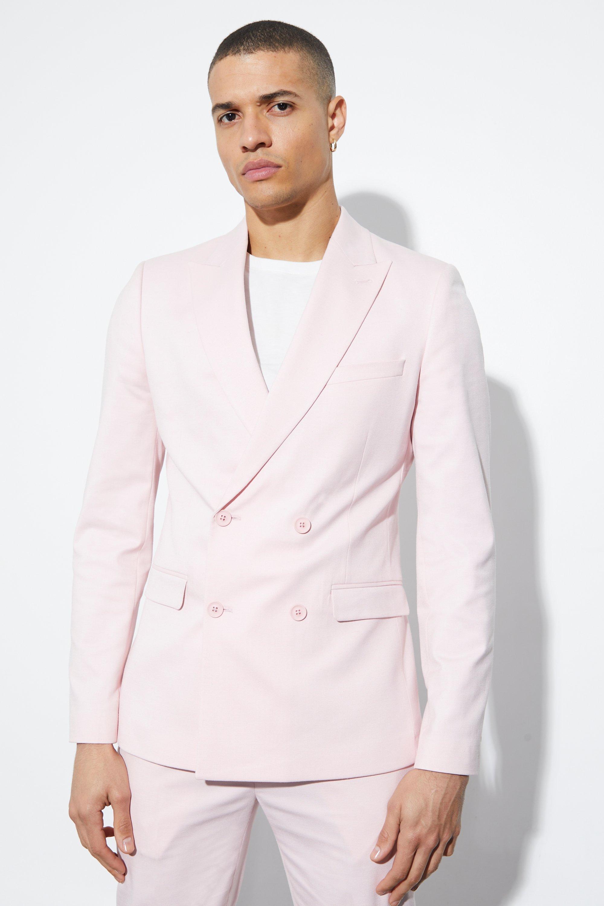 Light pink Skinny Double Breasted Linen Suit Jacket