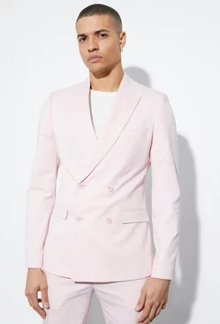 Skinny Double Breasted Linen Suit Jacket Light pink