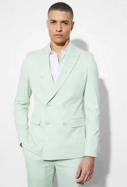 Green Skinny Double Breasted Linen Suit Jacket