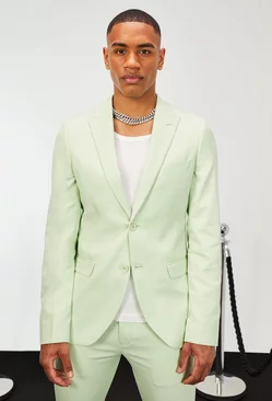Green Skinny Single Breasted Linen Suit Jacket