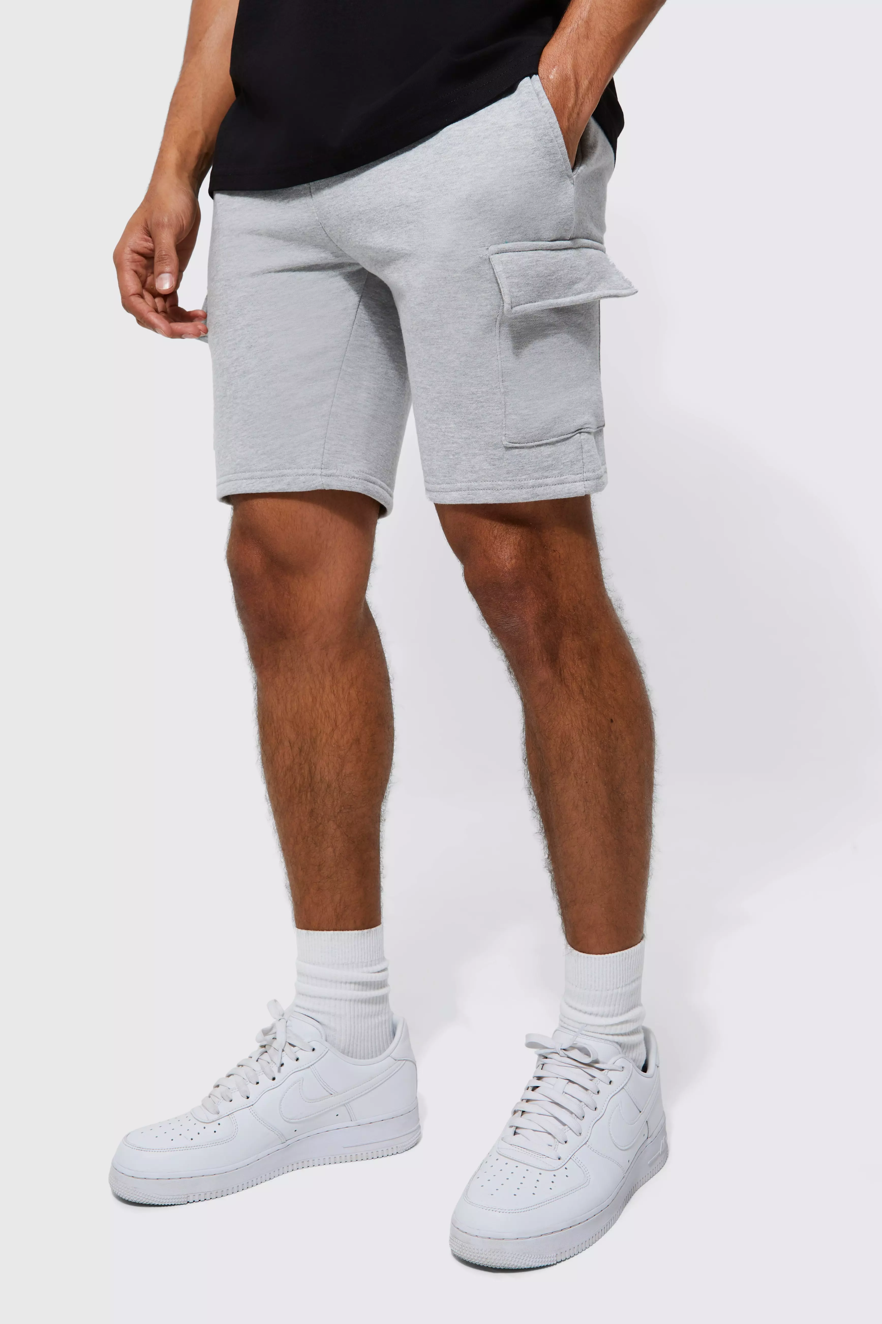 Grey Basic Slim Fit Mid Length Jersey Cargo Short