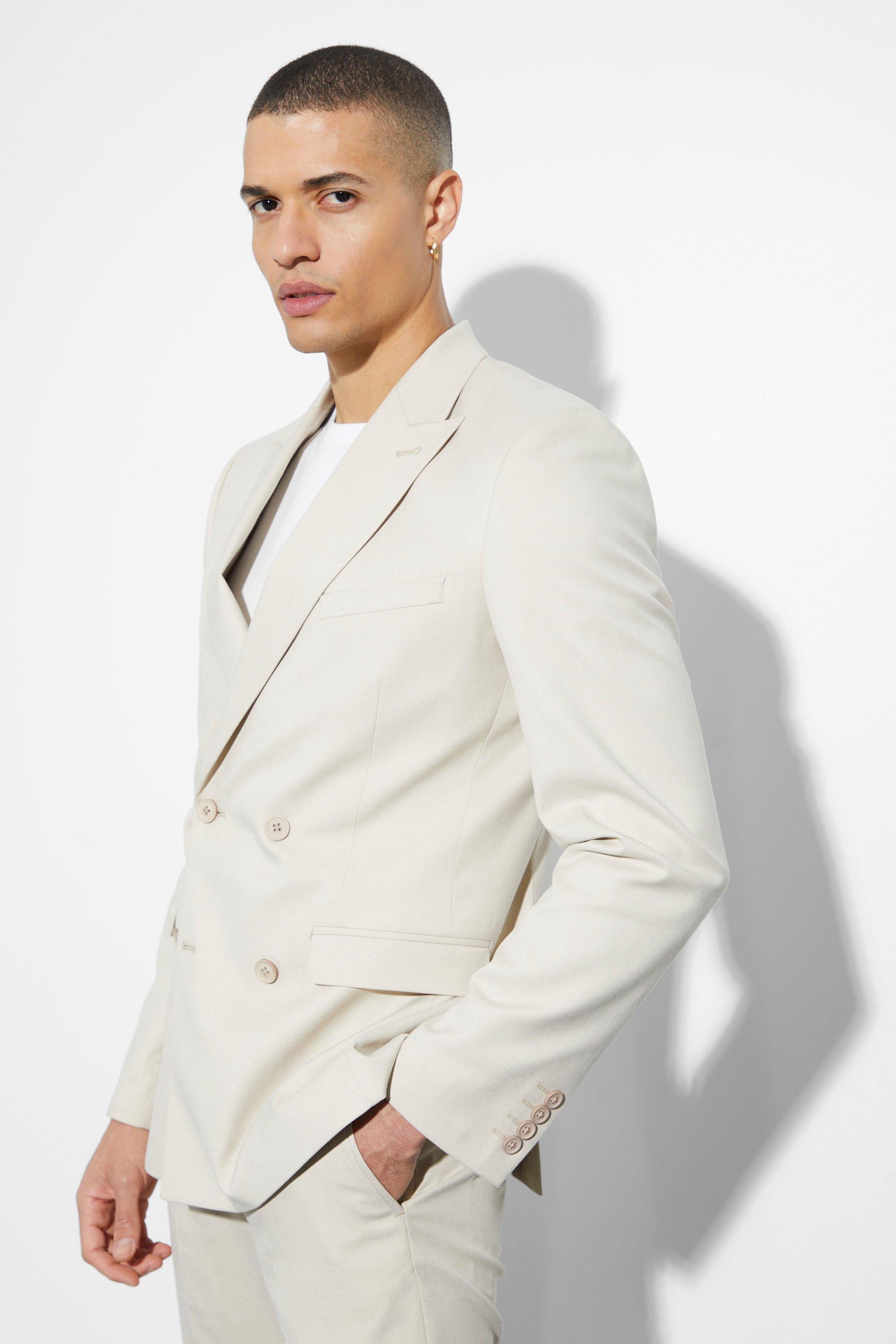 Skinny Double Breasted Linen Suit Jacket boohooMAN USA