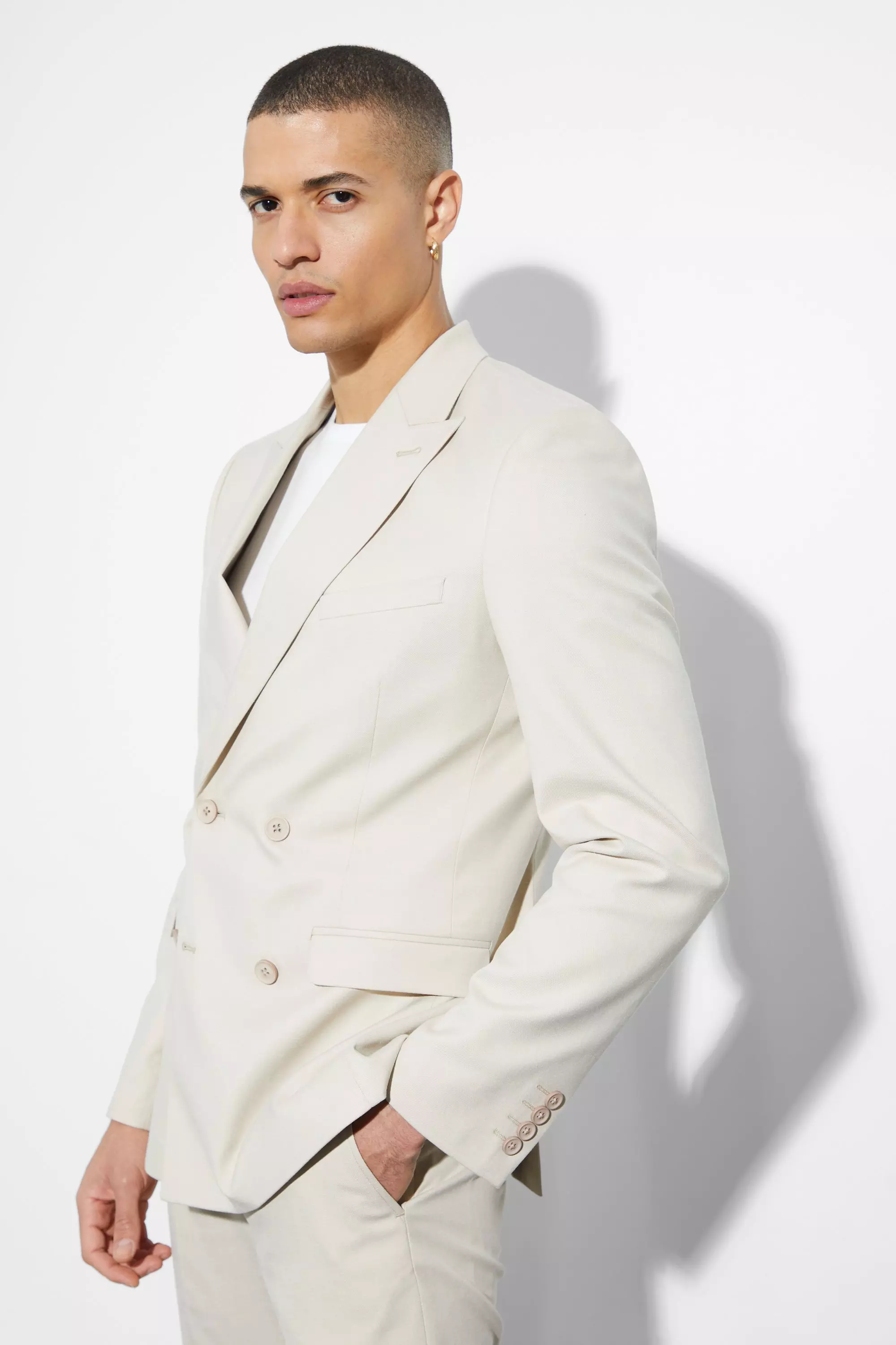 Beige Skinny Double Breasted Linen Suit Jacket alternative image