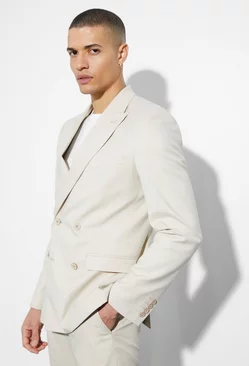 Skinny Double Breasted Linen Suit Jacket Beige