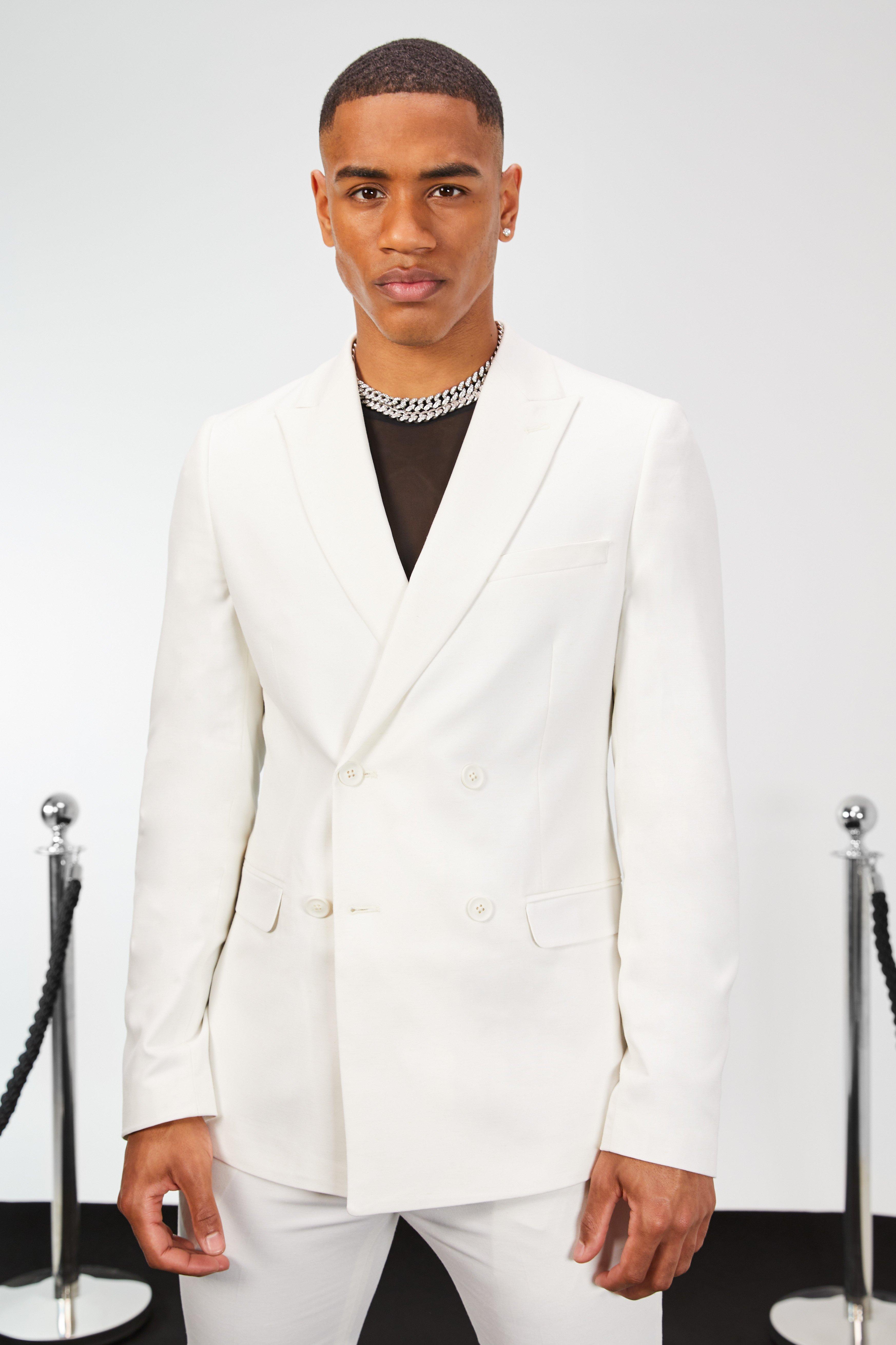Ecru Skinny Double Breasted Linen Suit Jacket
