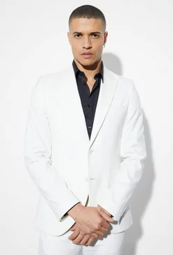 Ecru White Skinny Single Breasted Linen Suit Jacket
