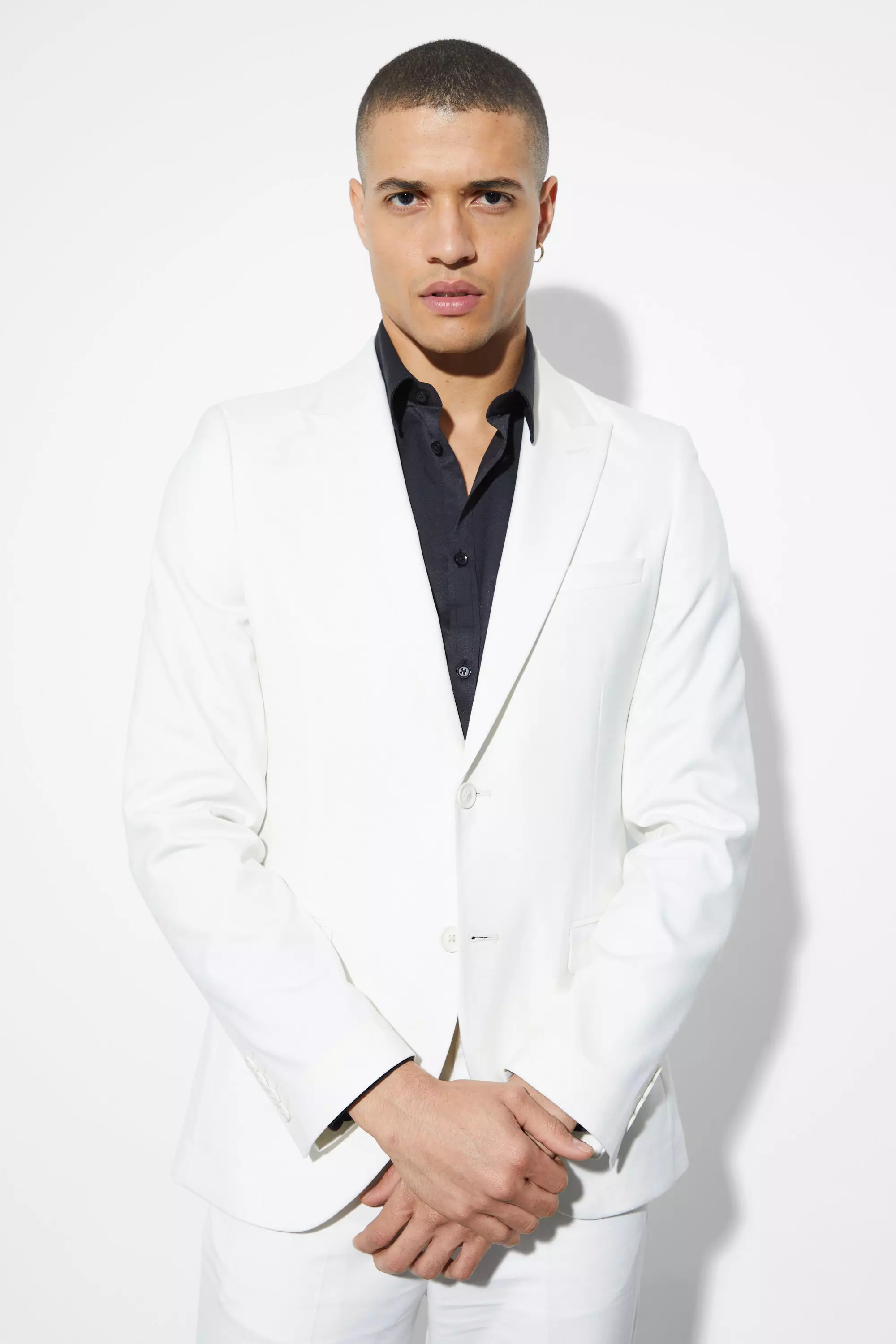 Ecru White Skinny Single Breasted Linen Suit Jacket
