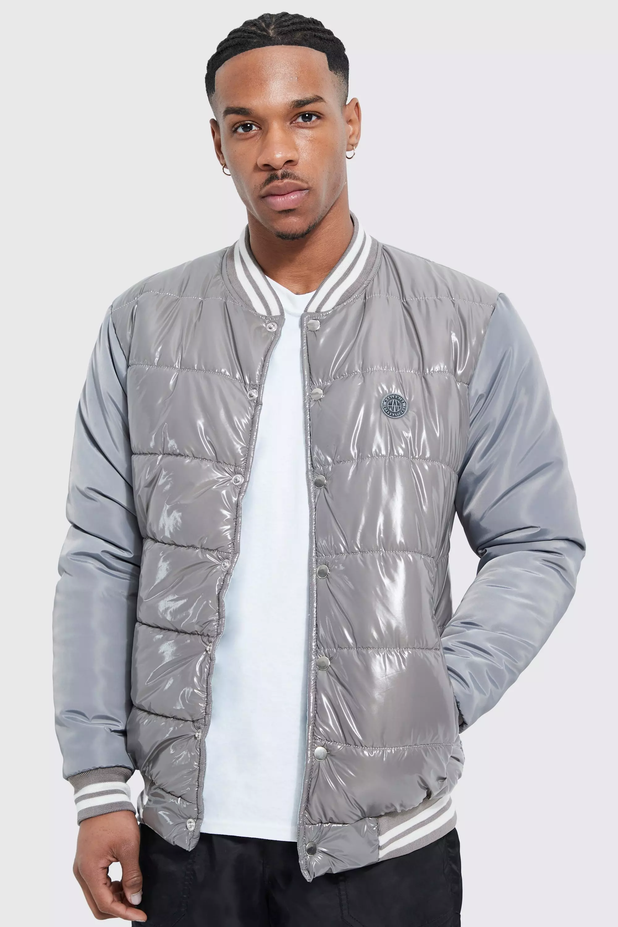High Shine Quilted Varsity Bomber boohooMAN IE