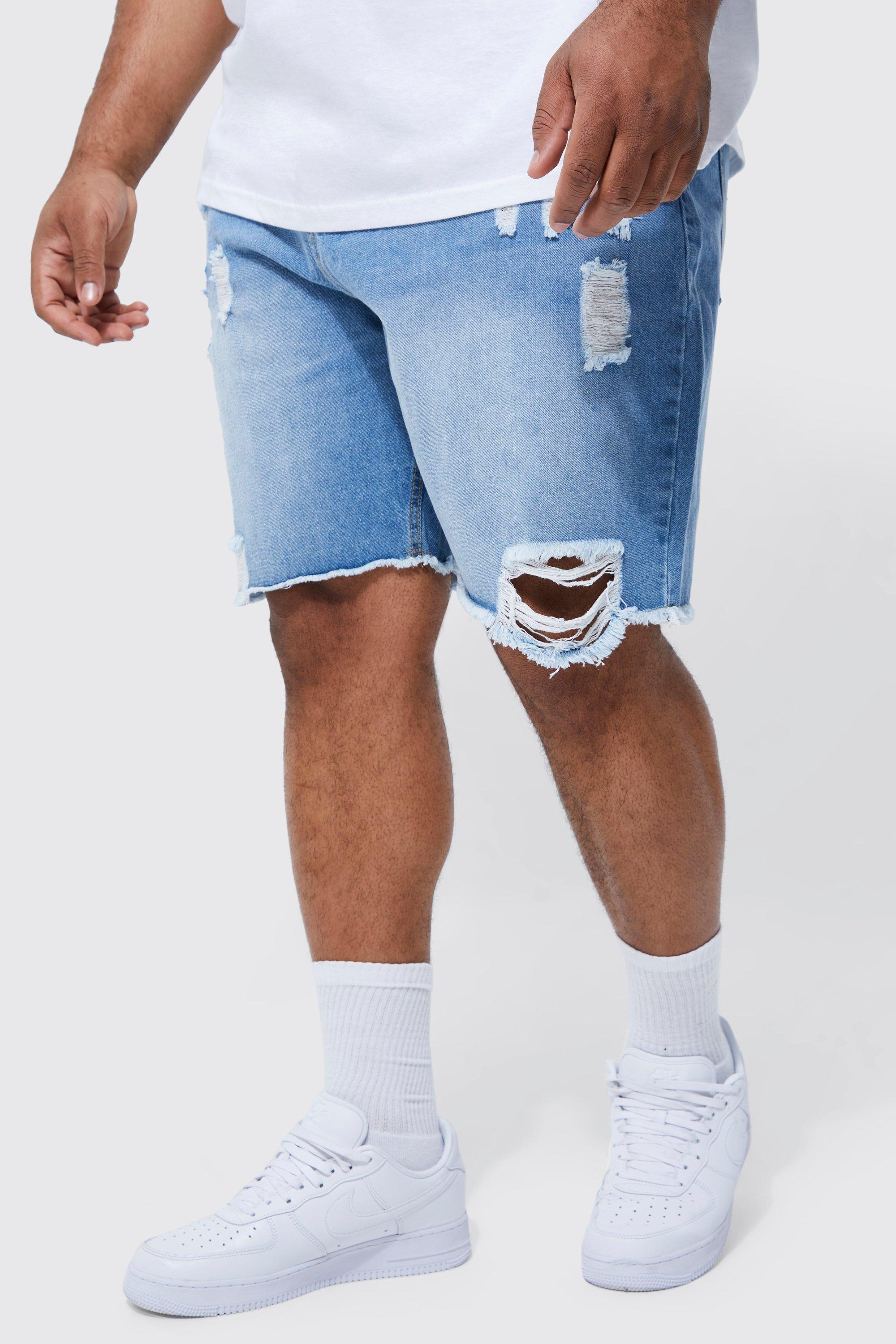 boohooMAN Mens Relaxed Fit Rigid Multi Rip Jean Shorts - Blue