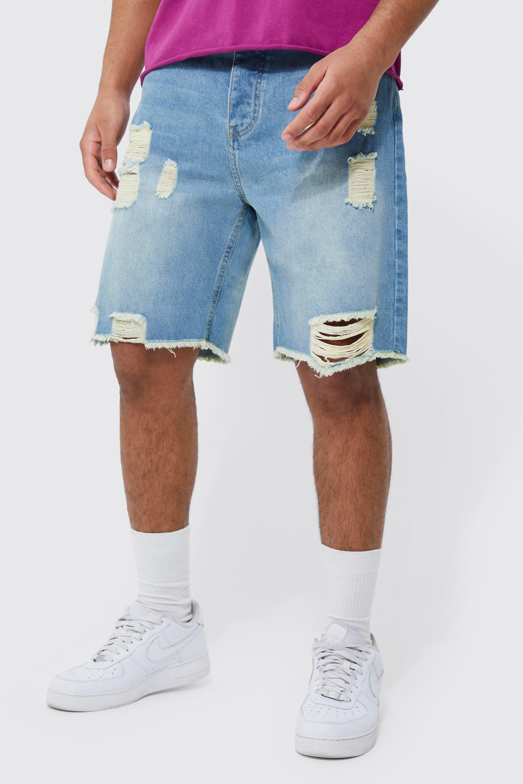 boohooMAN Mens Relaxed Fit Rigid Multi Rip Jean Shorts - Blue