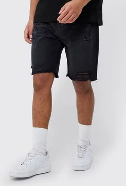 Tall Relaxed Fit Rigid Multi Rip Jean Shorts Washed black