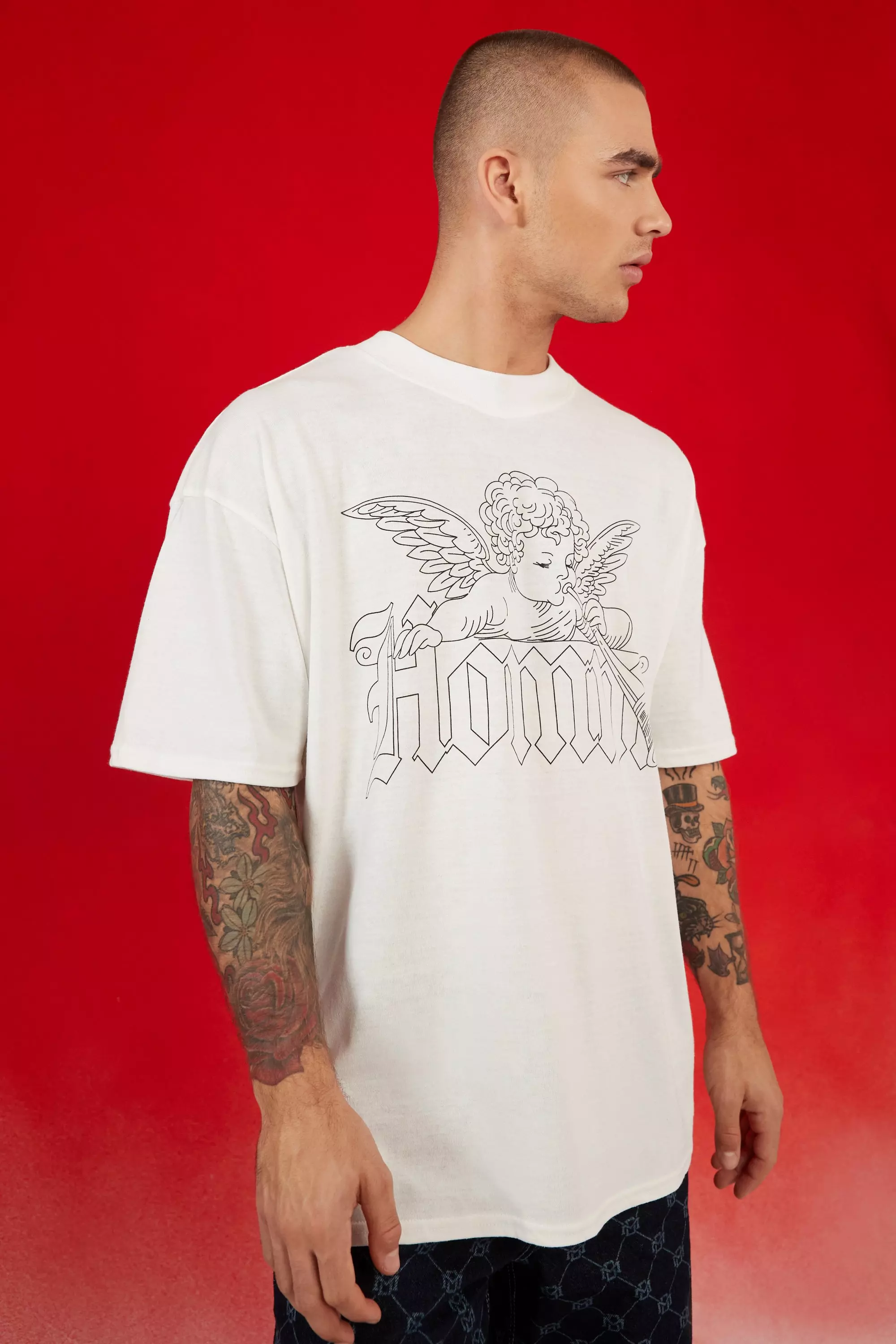 Oversized Extended Neck Cherub Print T-shirt White