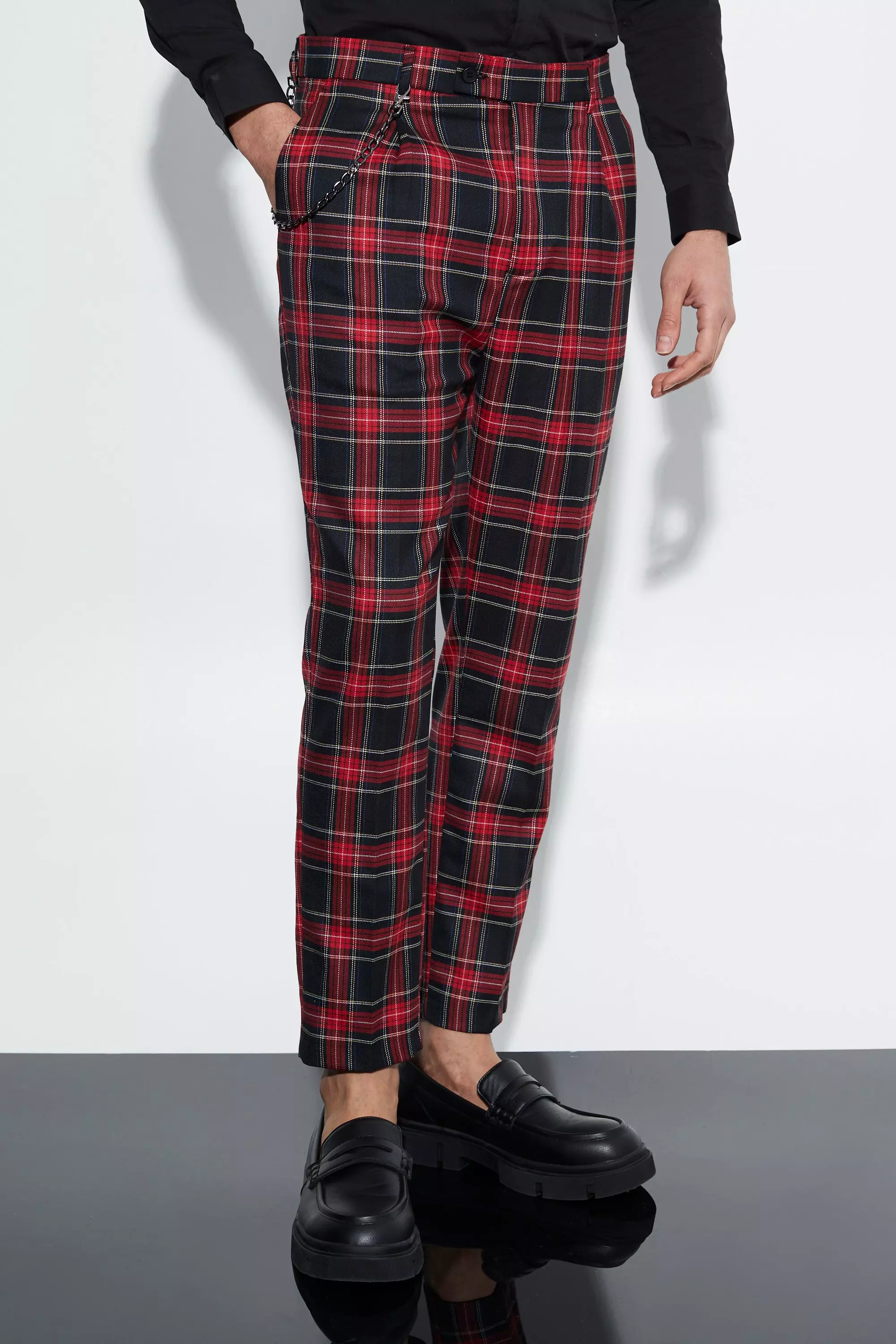 Tapered Tartan Trousers With Chain boohooMAN UK