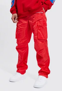 Red Elastic Waist Straight Leg Zip Cargo Pants