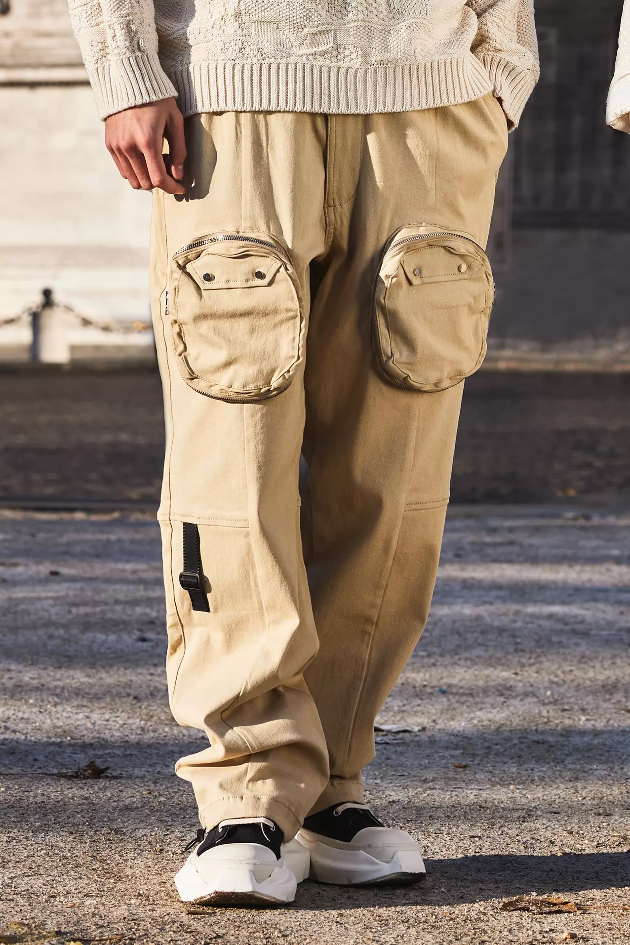 Stone Beige Elastic Waist Relaxed 3d Pocket Cargo Pants