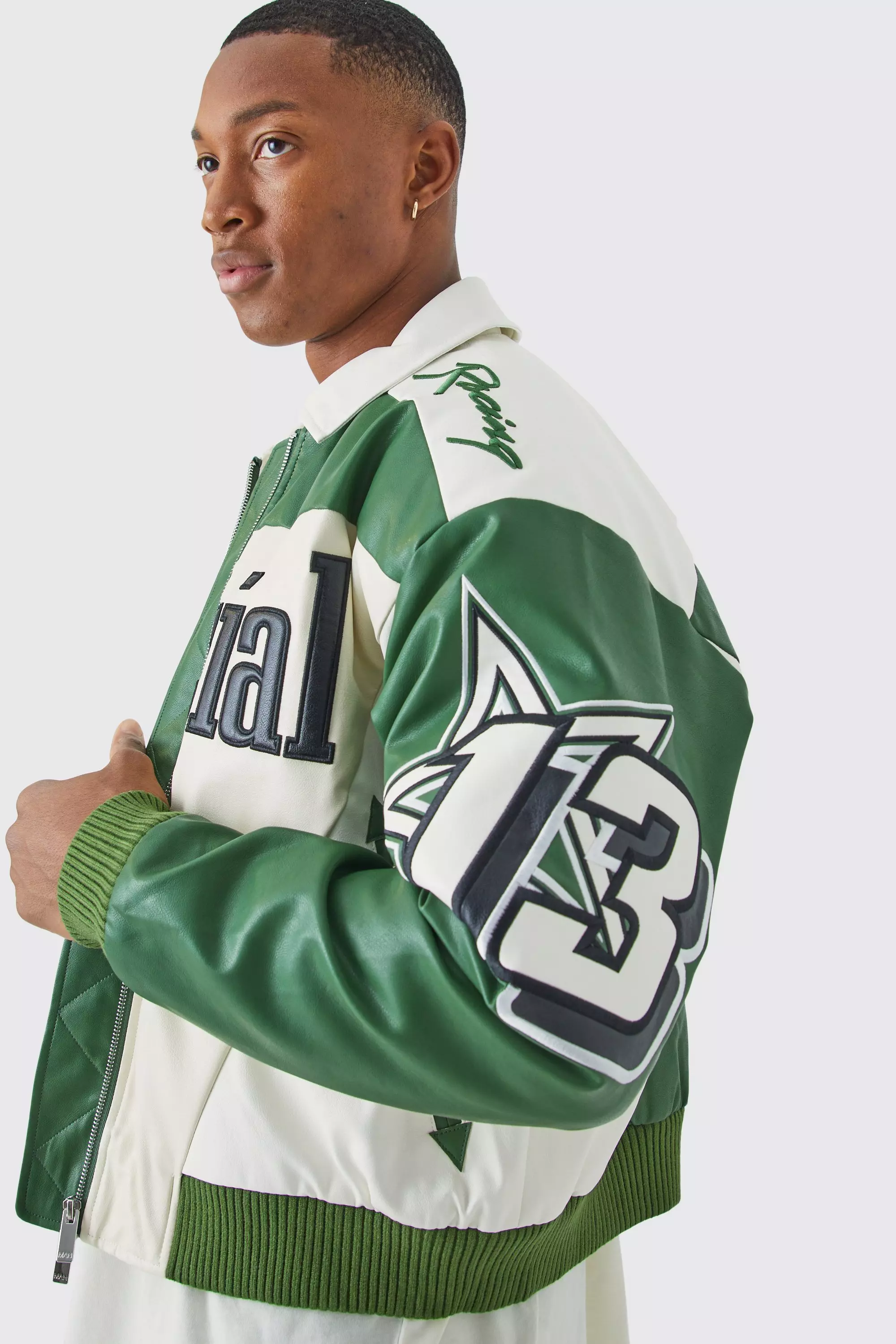 Boxy Fit PU Moto Collared Bomber Jacket | boohooMAN USA