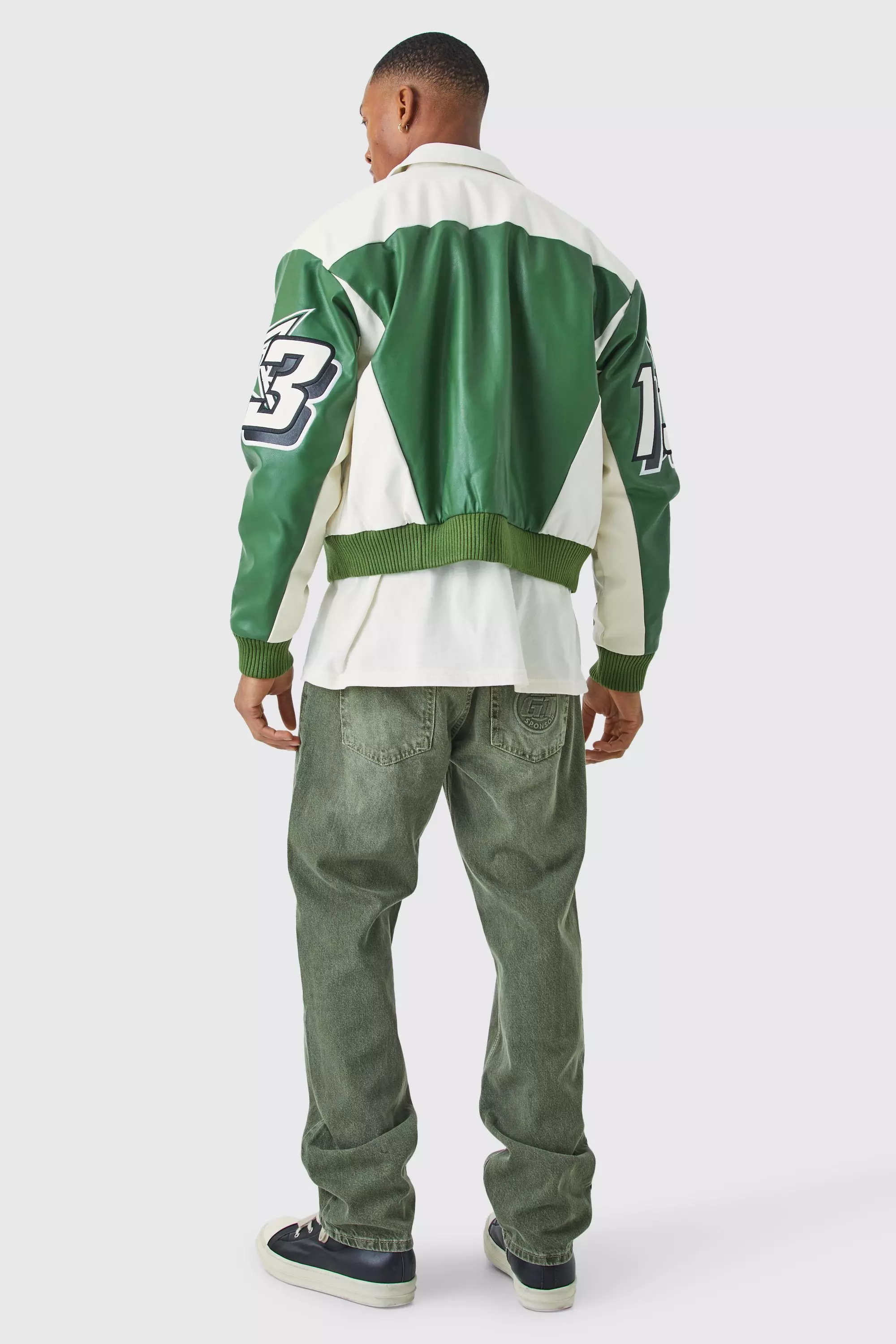 Boxy Fit PU Moto Collared Bomber Jacket | boohooMAN USA