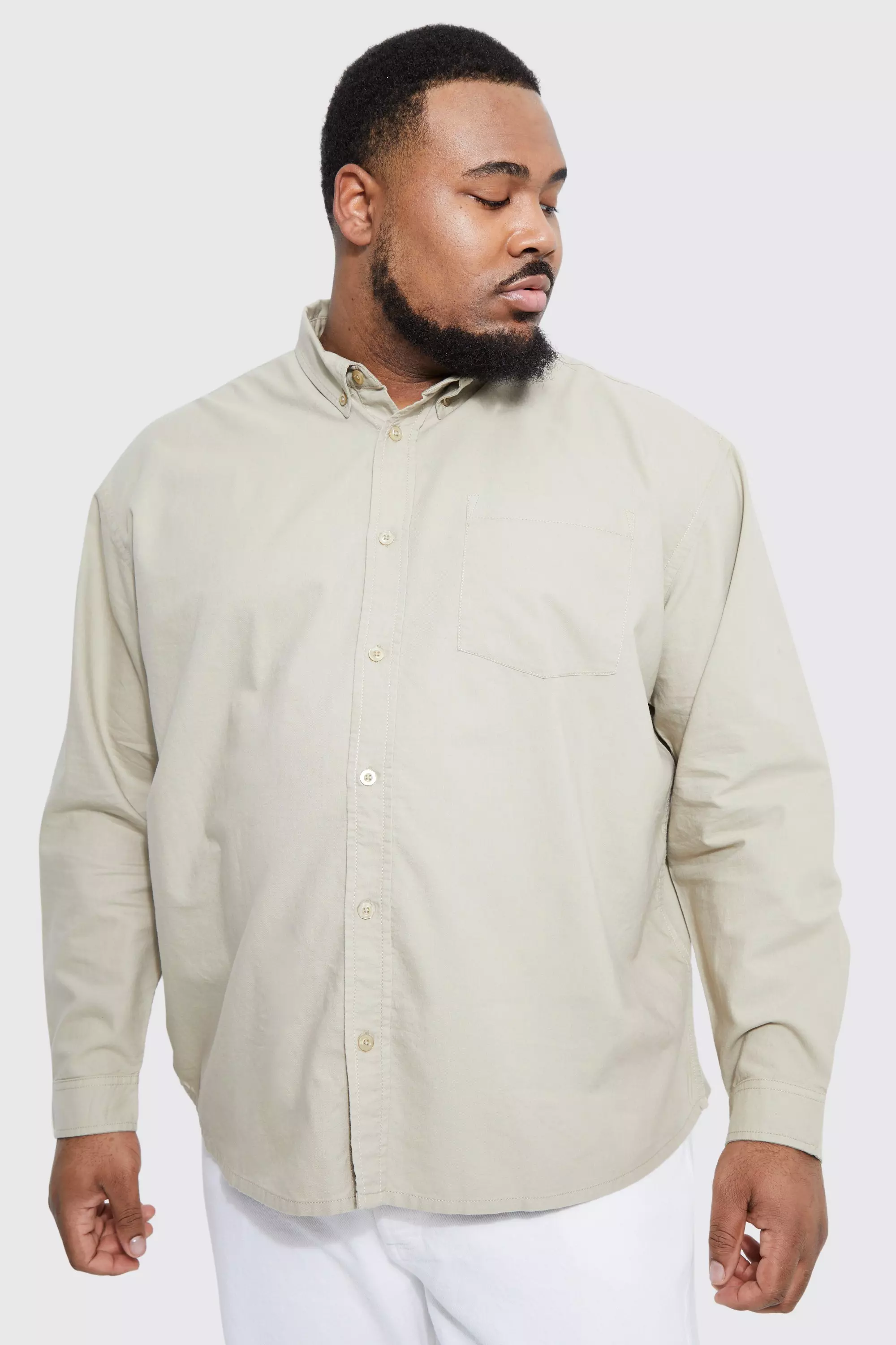 Plus Relaxed Fit Long Sleeve Oxford Shirt Stone
